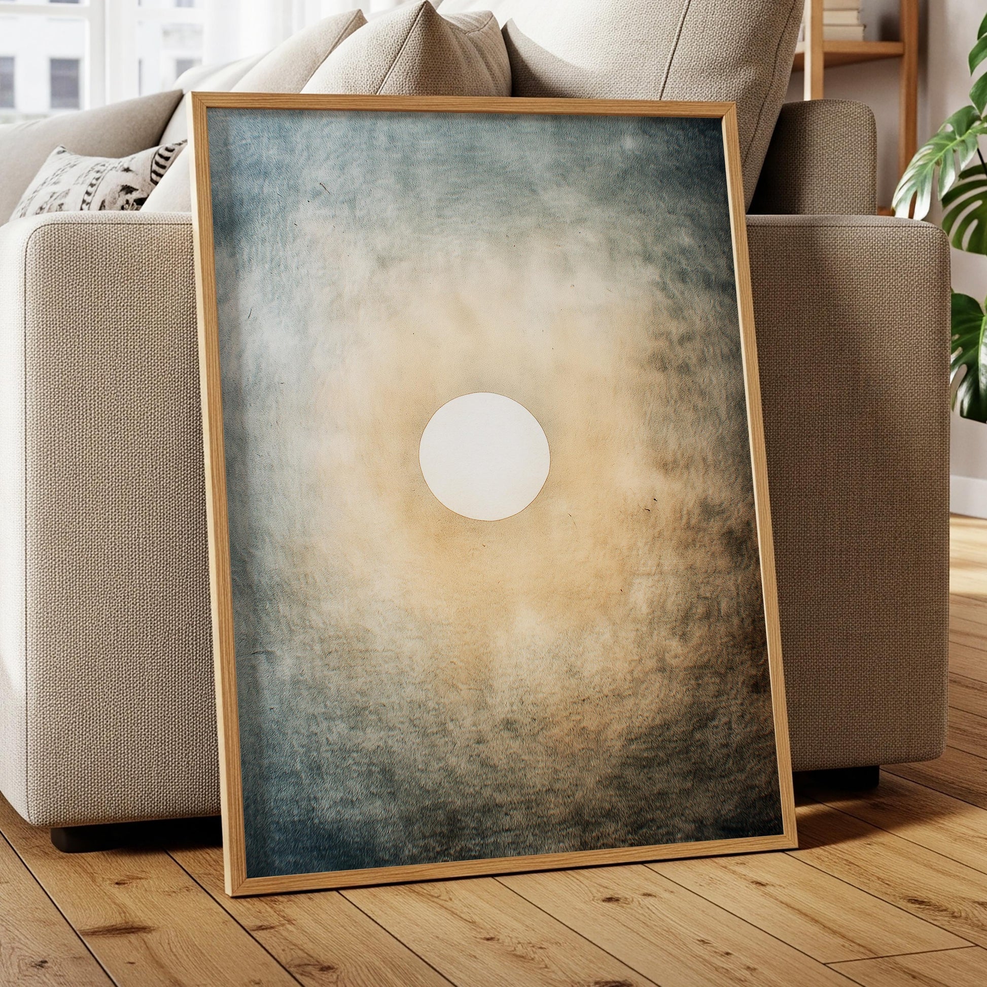 Quiet Halo – Minimal Sun and Sky Print in Soft Blue and Sand, Serene Abstract Wall Art for Bedroom and Meditation Space