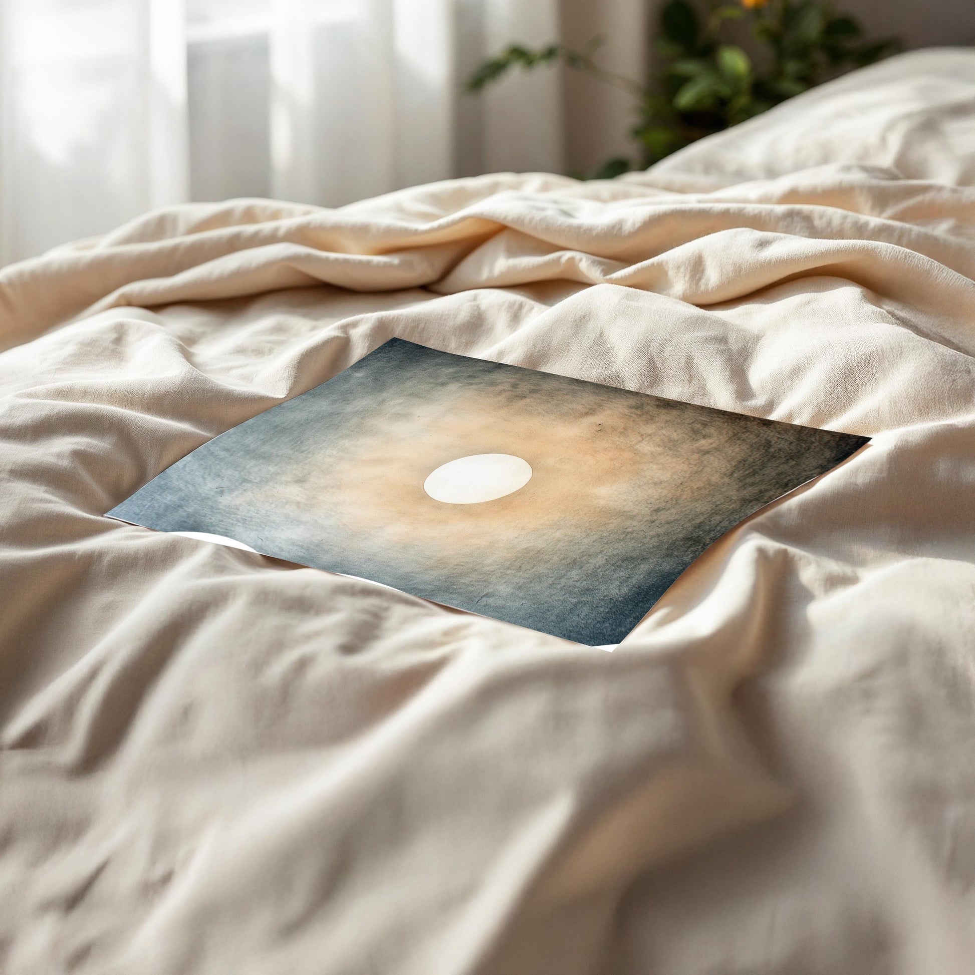 Quiet Halo – Minimal Sun and Sky Print in Soft Blue and Sand, Serene Abstract Wall Art for Bedroom and Meditation Space