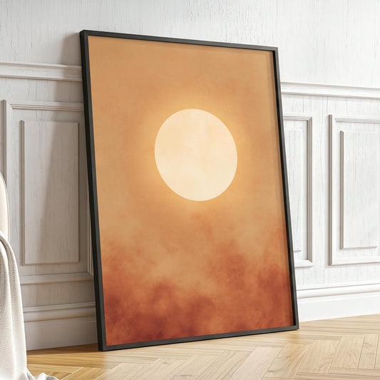 Amber Orb – Warm Orange Sun Over Soft Clouds, Minimal Sky Abstract Wall Art Print for Cozy Living Room Bedroom and Neutral Decor