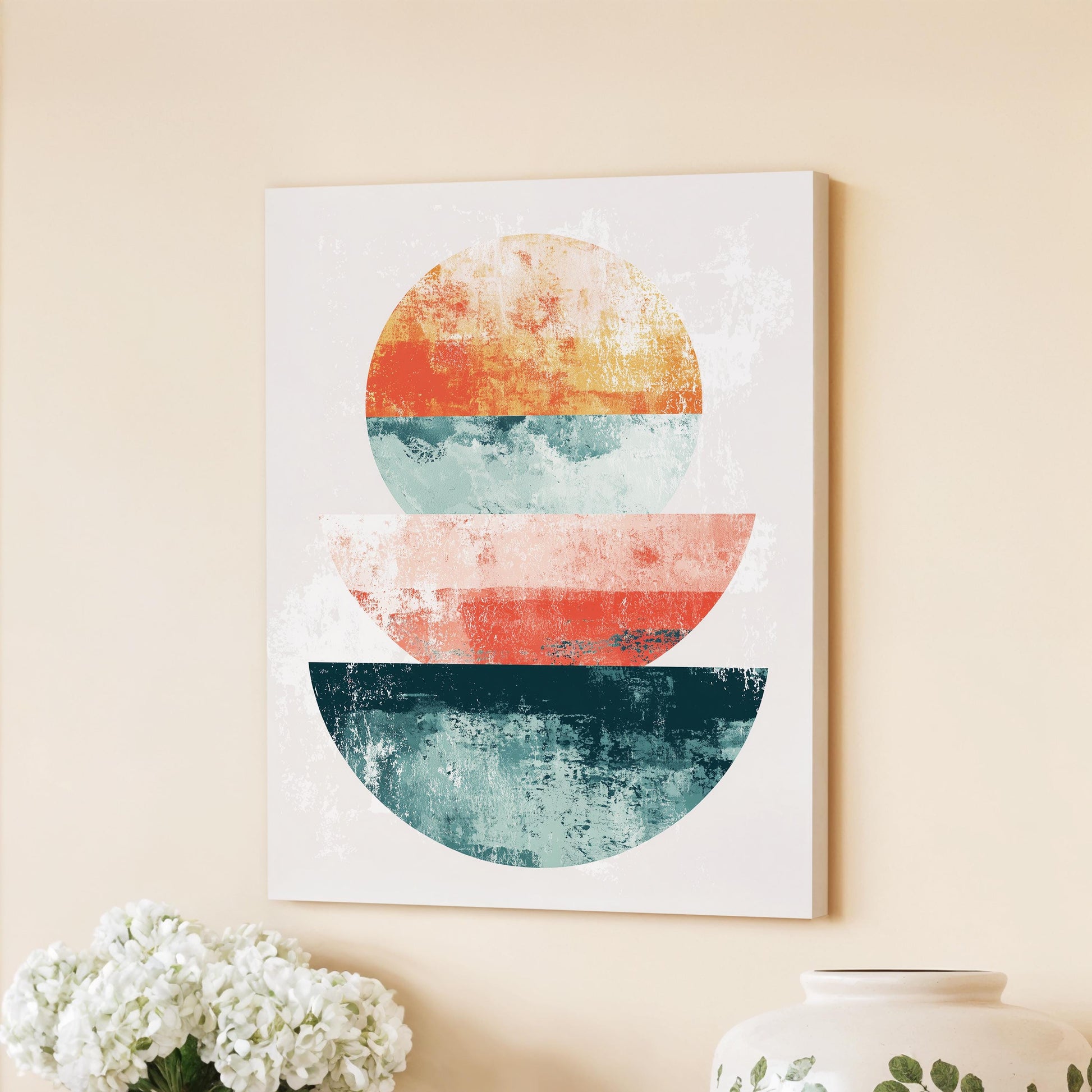 Stacked Sunrise Shapes – Modern Geometric Abstract in Terracotta, Blush and Teal, Minimal Mid-Century Style Wall Art