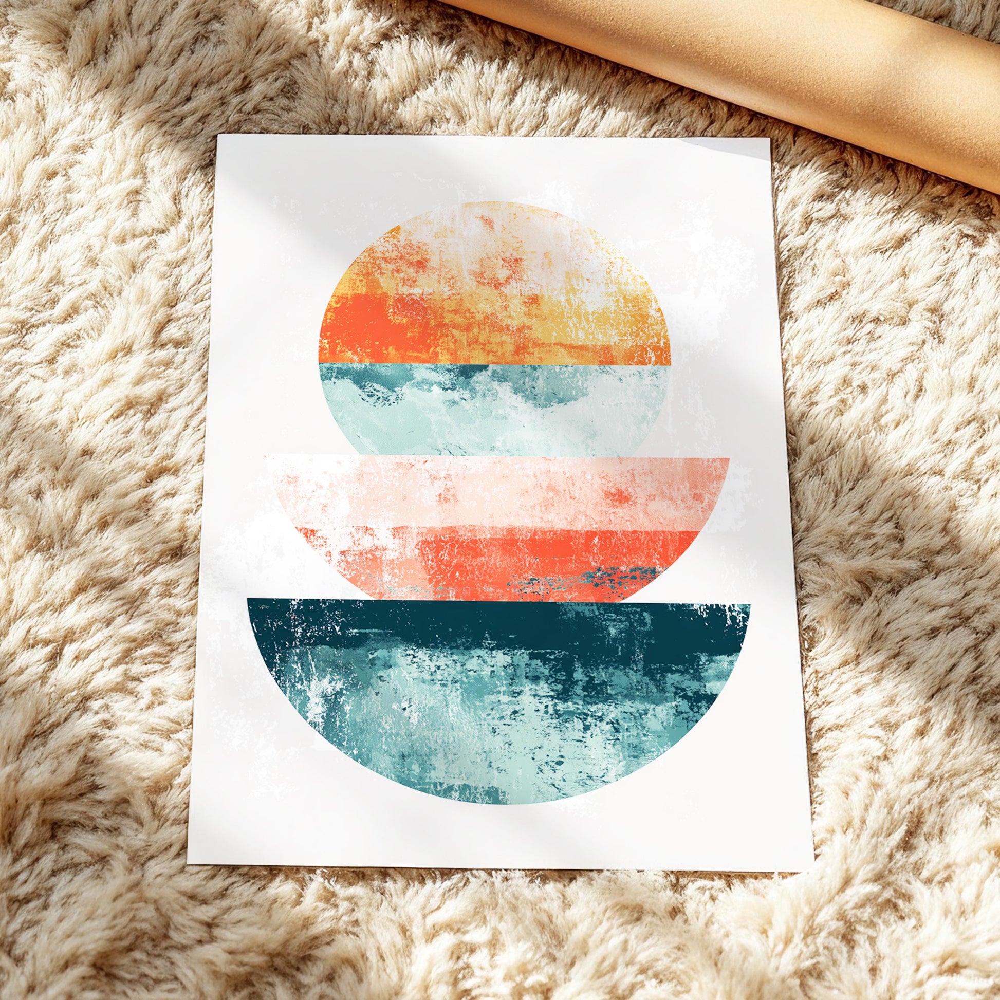 Stacked Sunrise Shapes – Modern Geometric Abstract in Terracotta, Blush and Teal, Minimal Mid-Century Style Wall Art