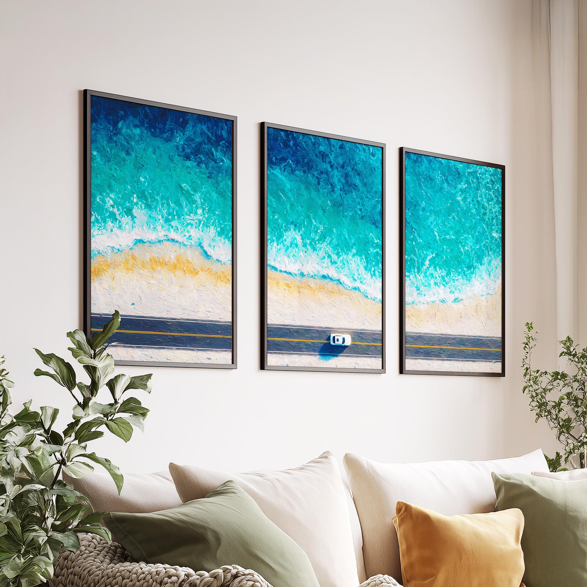 Coastal Highway Escape · Aerial Beach Road Ocean Art · Set of 3 Coastal Wall Prints for Modern Seaside or Holiday Home Decor