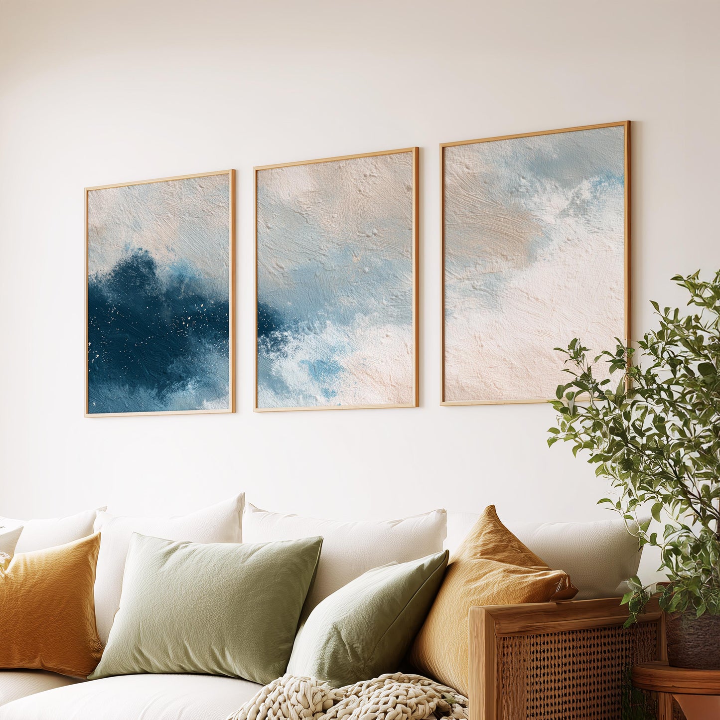 Ocean Drift · Abstract Blue Beige Texture Painting Wall Art · Set of 3 Minimal Brushstroke Prints for Modern Coastal or Japandi Decor