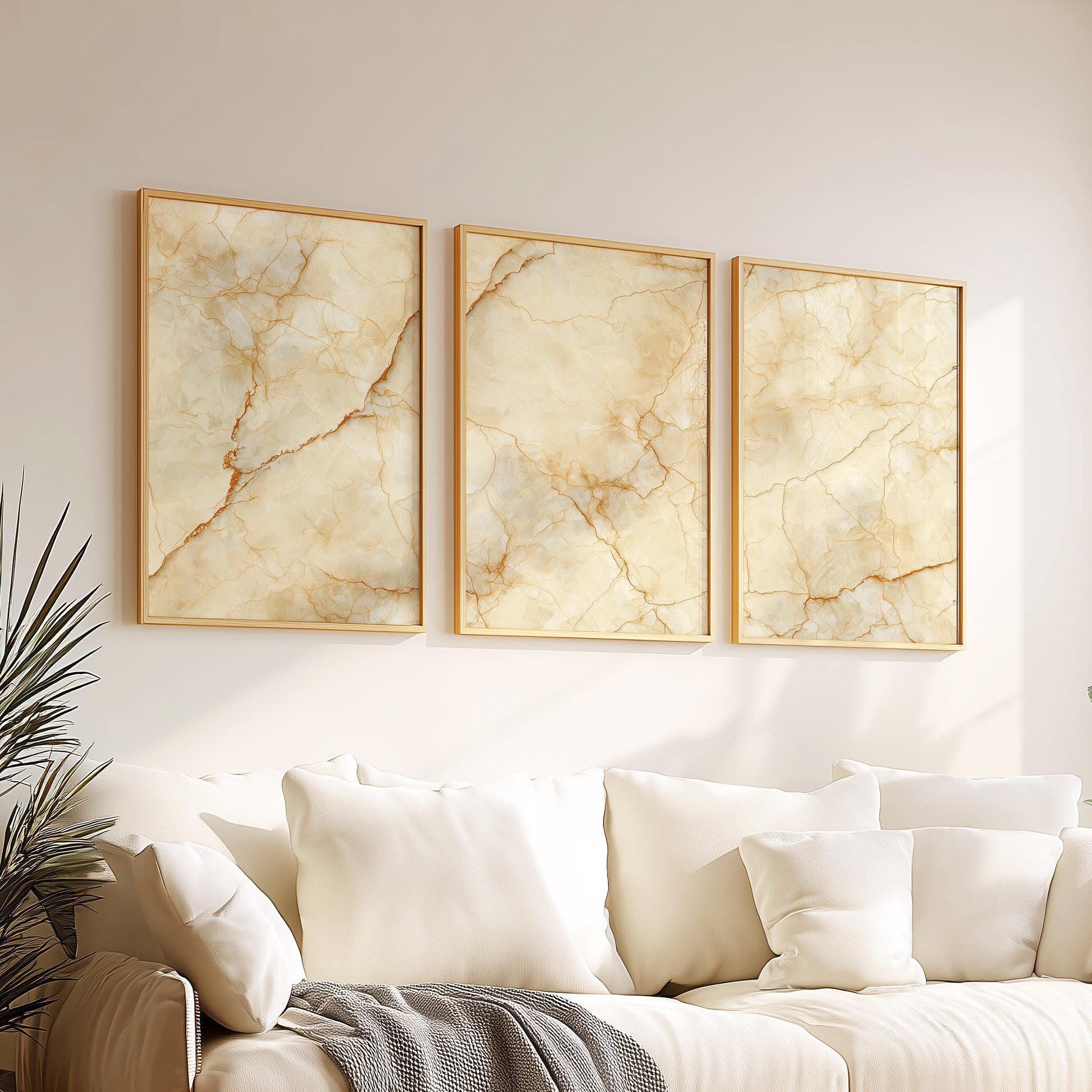 Celestial Drift · Beige and Gold Cloud Painting Wall Art · Set of 3 Dreamy Starry Sky Prints for Japandi or Minimalist Bedroom Decor