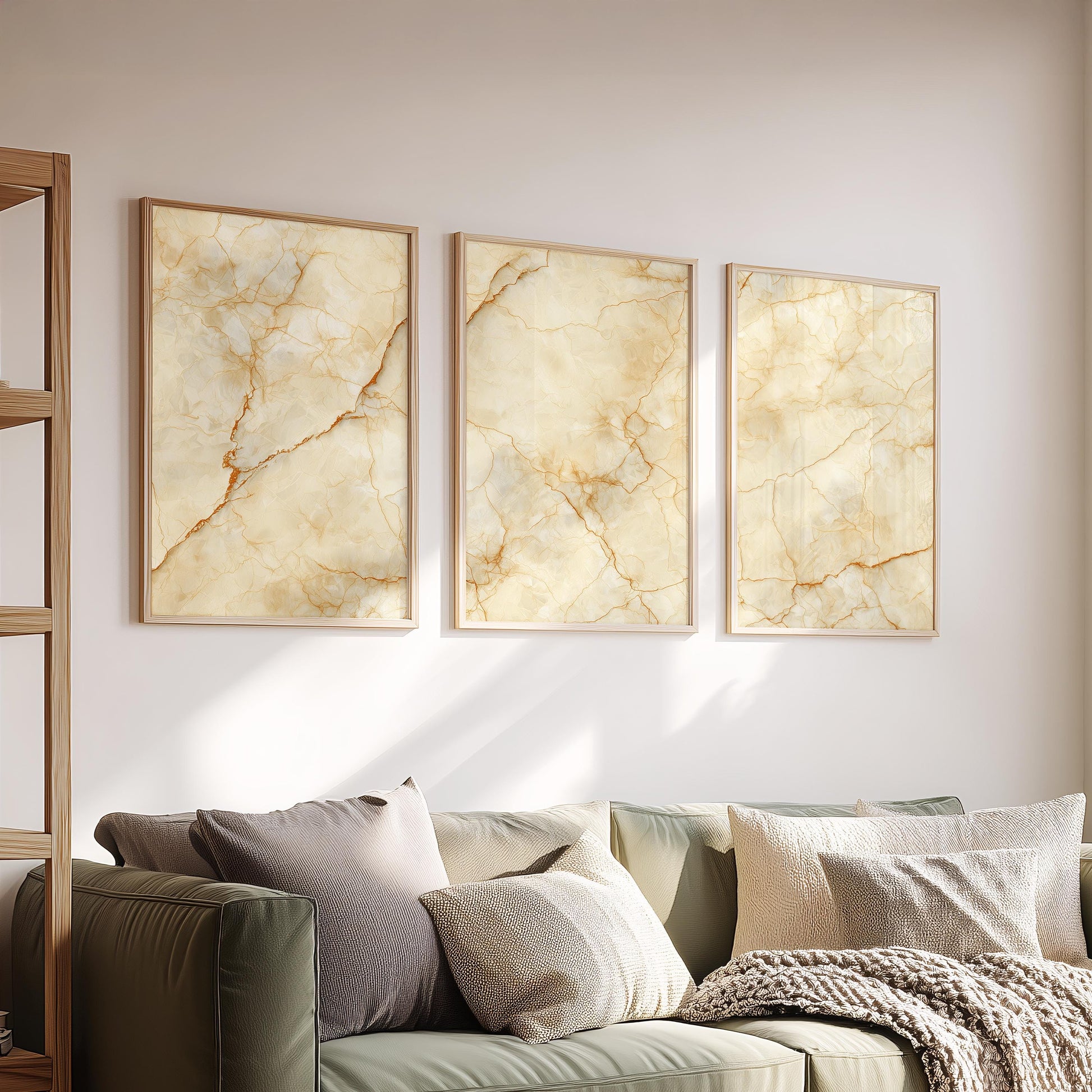 Celestial Drift · Beige and Gold Cloud Painting Wall Art · Set of 3 Dreamy Starry Sky Prints for Japandi or Minimalist Bedroom Decor