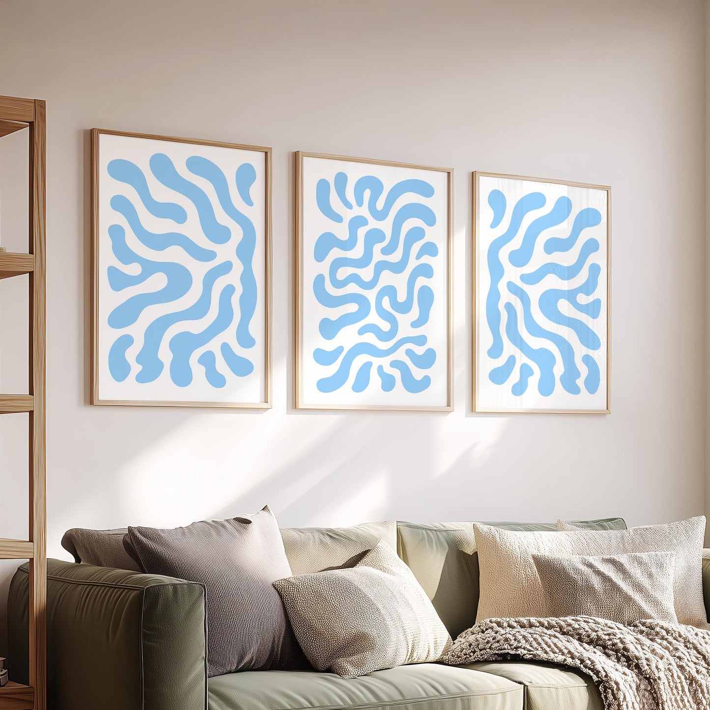 Soft Flow · Blue Minimal Abstract Pattern Wall Art · Set of 3 Fluid Organic Prints for Japandi, Scandi, or Modern Neutral Interiors