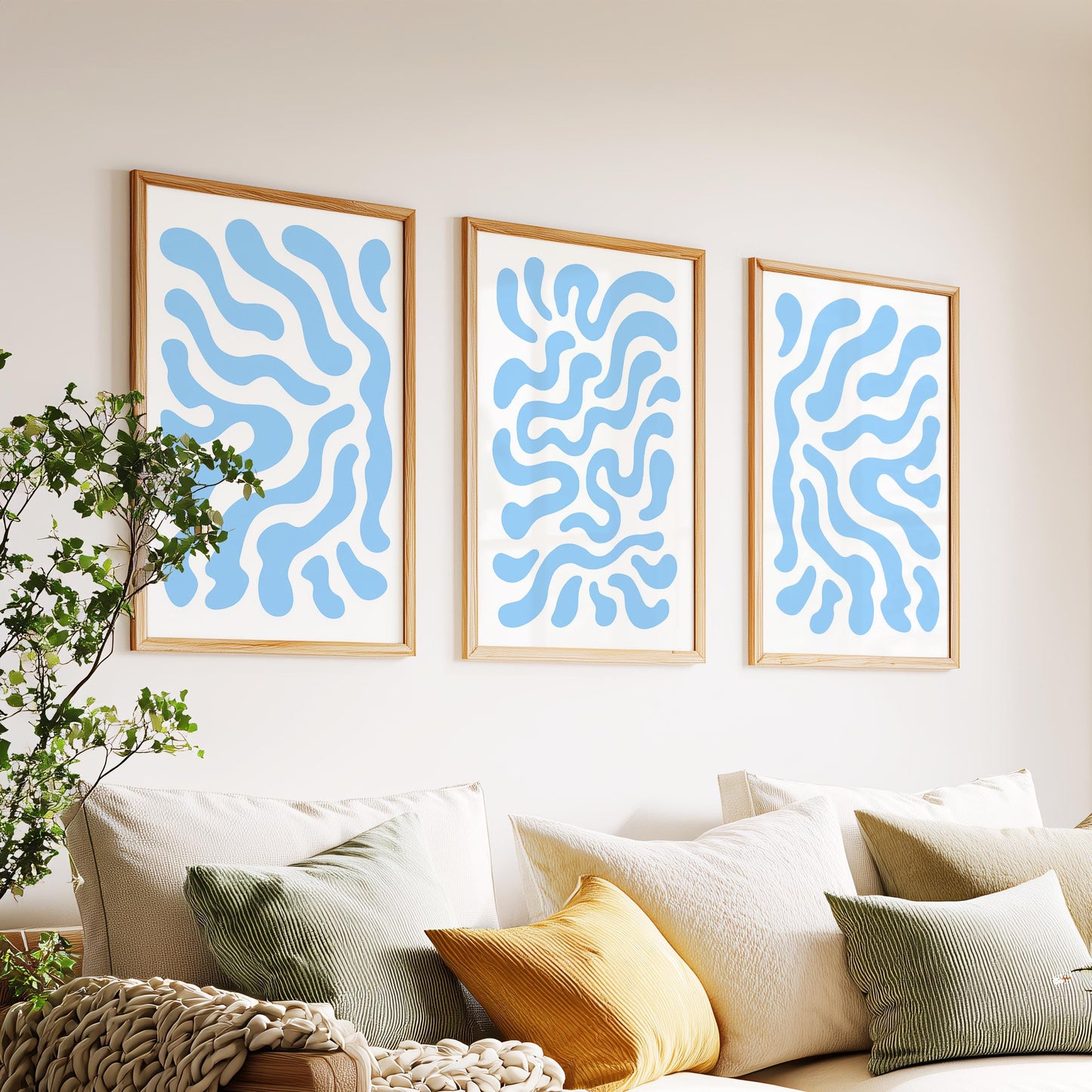 Soft Flow · Blue Minimal Abstract Pattern Wall Art · Set of 3 Fluid Organic Prints for Japandi, Scandi, or Modern Neutral Interiors