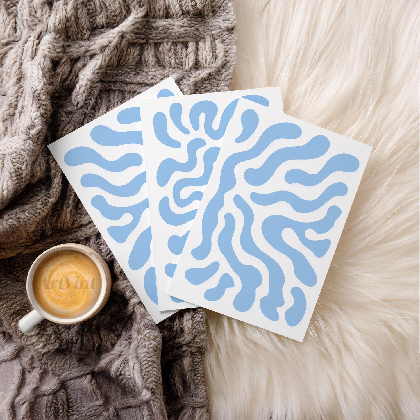 Soft Flow · Blue Minimal Abstract Pattern Wall Art · Set of 3 Fluid Organic Prints for Japandi, Scandi, or Modern Neutral Interiors