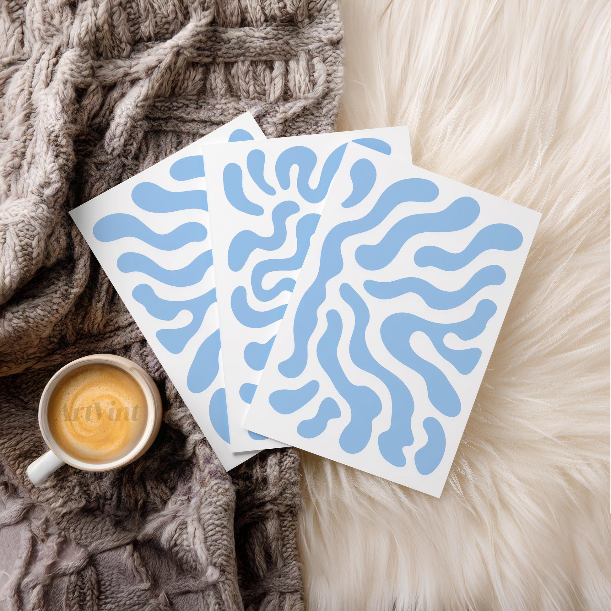 Soft Flow · Blue Minimal Abstract Pattern Wall Art · Set of 3 Fluid Organic Prints for Japandi, Scandi, or Modern Neutral Interiors