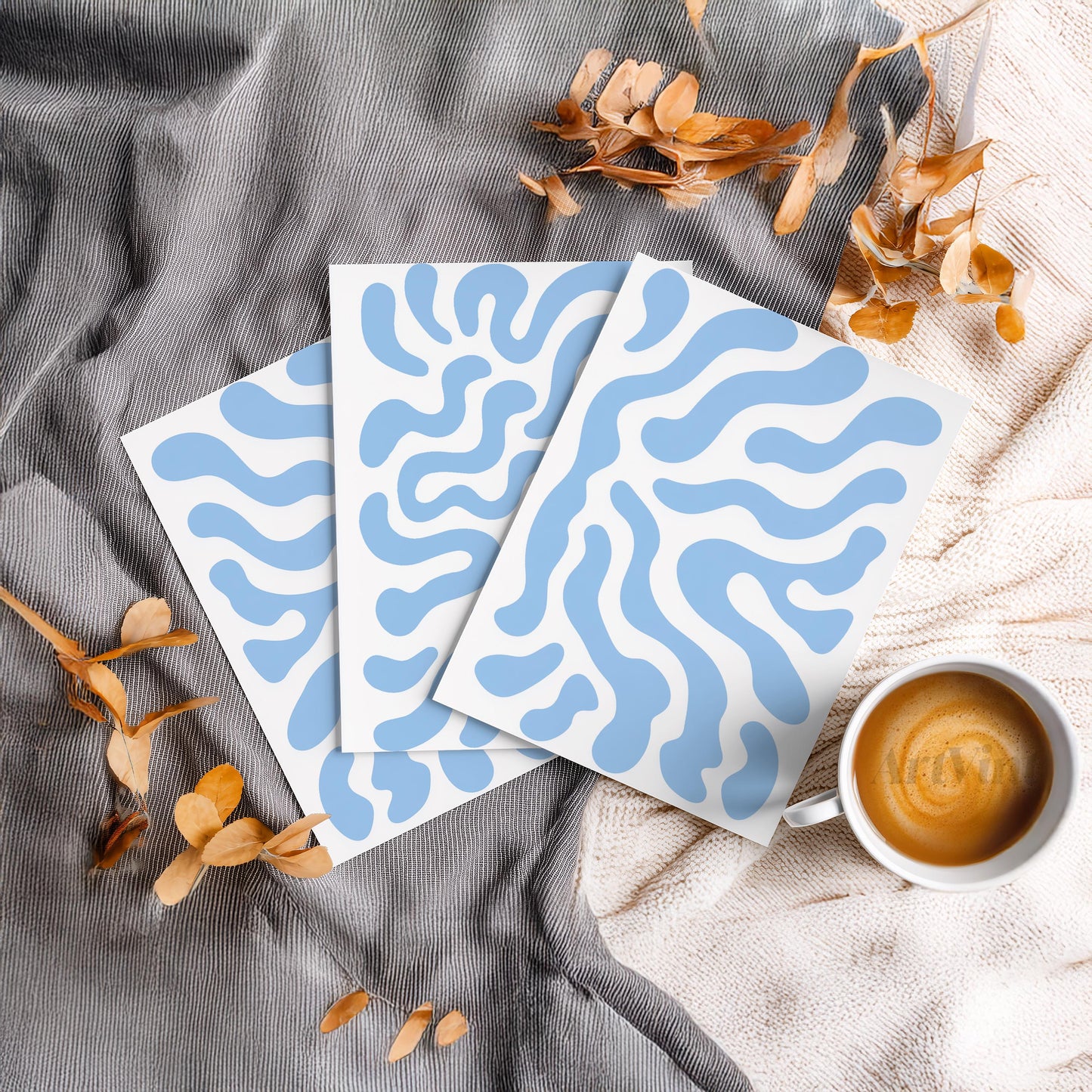 Soft Flow · Blue Minimal Abstract Pattern Wall Art · Set of 3 Fluid Organic Prints for Japandi, Scandi, or Modern Neutral Interiors