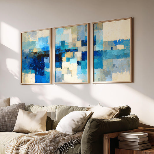 Abstract Blue Ocean Wall Art · Coastal Geometric Painting Triptych · Modern Navy Teal Beige Prints · Framed Print Set · Set of 3 Prints