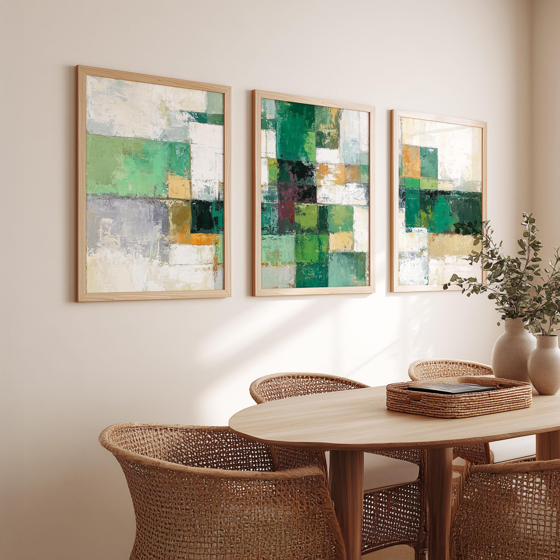 Set of 3 Green Abstract Prints · Geometric Wall Art for Living Room · Modern Neutral Sage & Beige Poster Set · Prints or Framed Prints