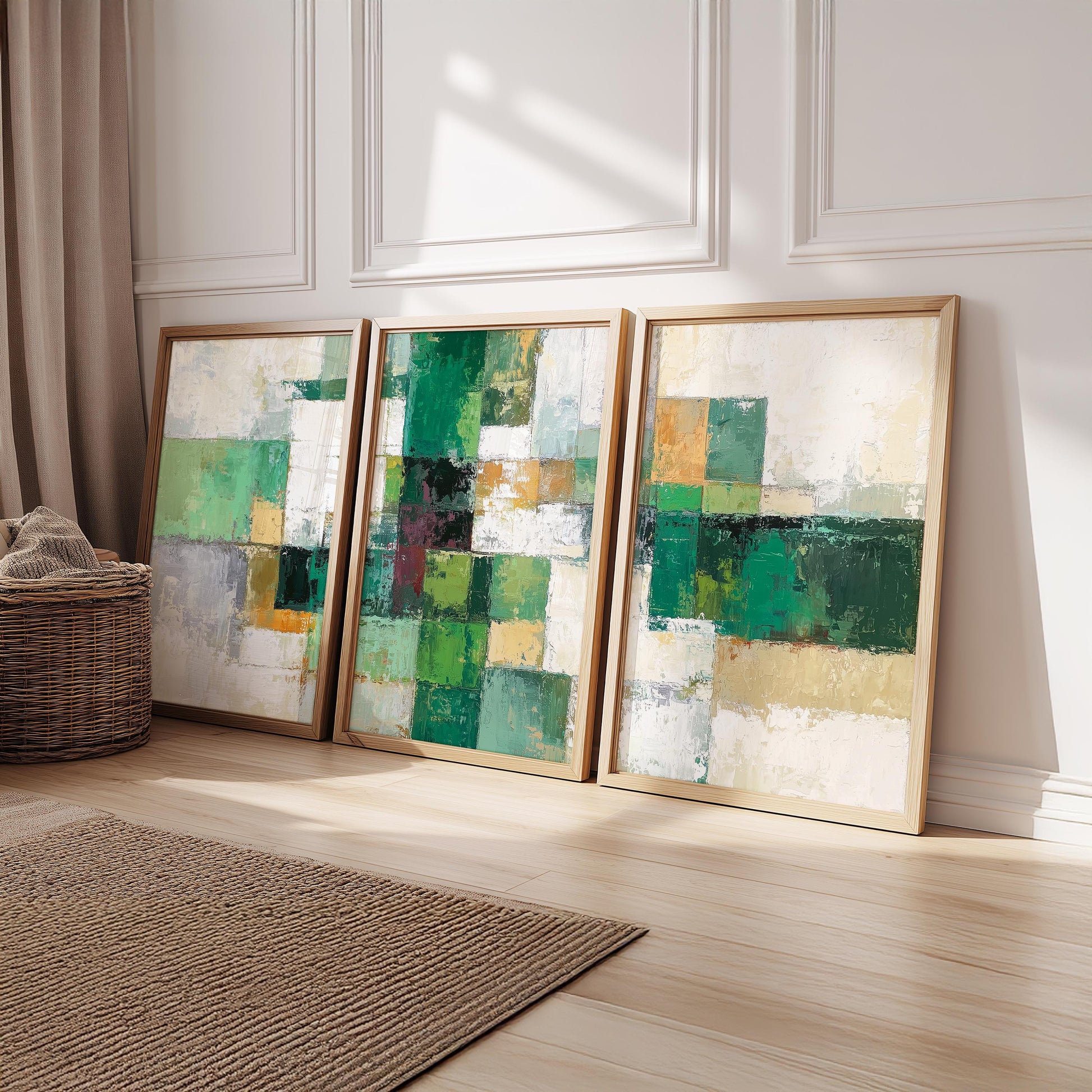 Set of 3 Green Abstract Prints · Geometric Wall Art for Living Room · Modern Neutral Sage & Beige Poster Set · Prints or Framed Prints