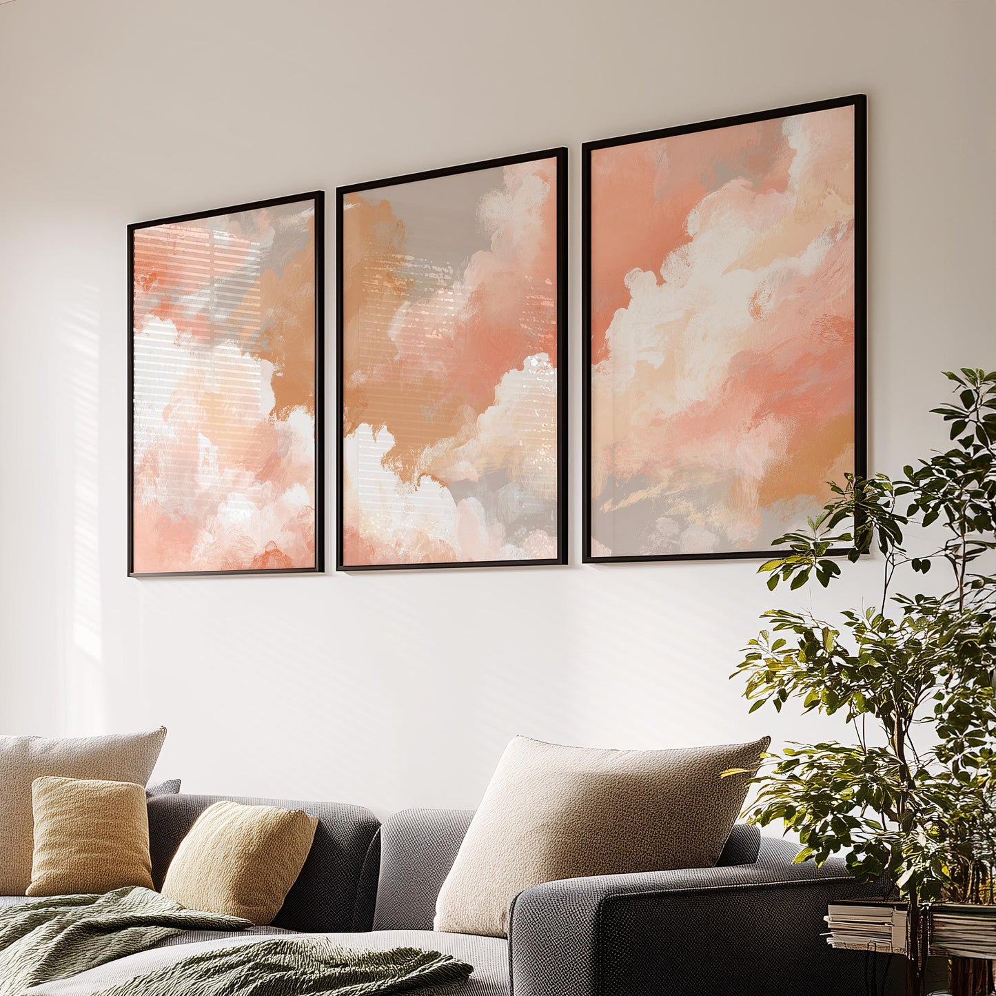 Set of 3 Prints · Peach Cloud Abstract Painting · Soft Neutral Boho Sky Wall Art · Poster & Framed Prints for Living Room Bedroom Decor
