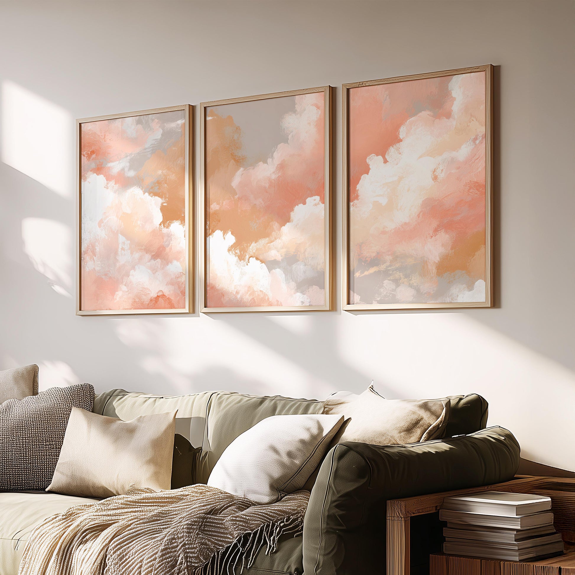 Set of 3 Prints · Peach Cloud Abstract Painting · Soft Neutral Boho Sky Wall Art · Poster & Framed Prints for Living Room Bedroom Decor