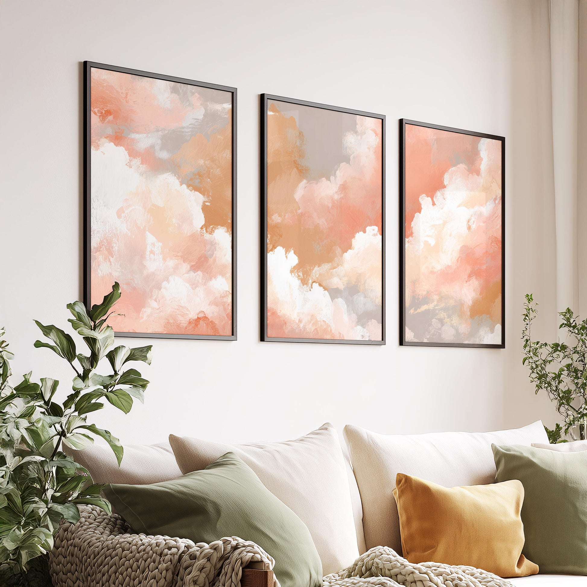 Set of 3 Prints · Peach Cloud Abstract Painting · Soft Neutral Boho Sky Wall Art · Poster & Framed Prints for Living Room Bedroom Decor