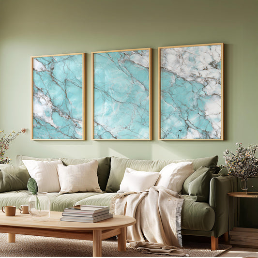 Aqua Stone Serenity – Turquoise and White Abstract Marble Wall Art, Coastal Bathroom and Office Decor Set of 3 Prints