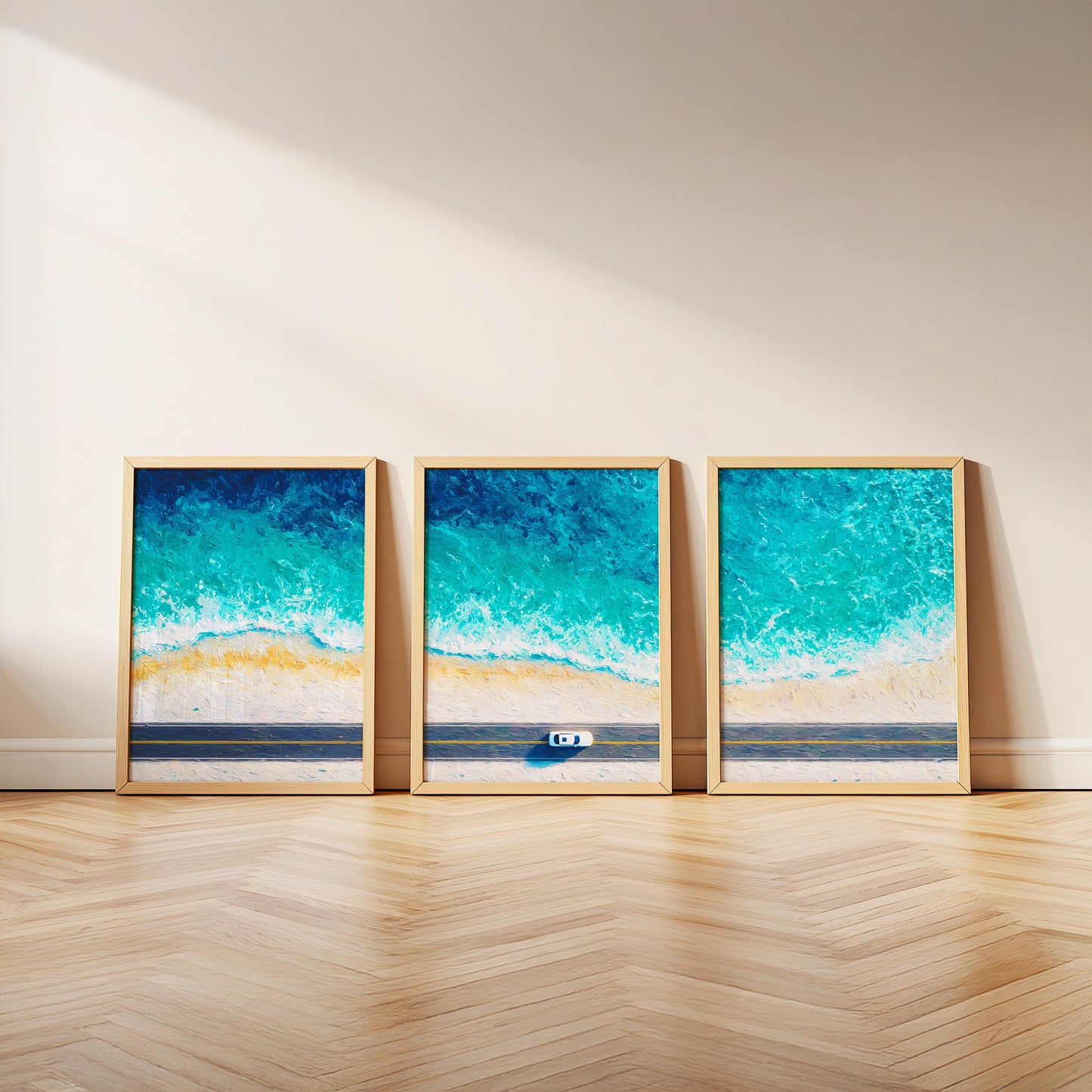 Coastal Highway Escape · Aerial Beach Road Ocean Art · Set of 3 Coastal Wall Prints for Modern Seaside or Holiday Home Decor