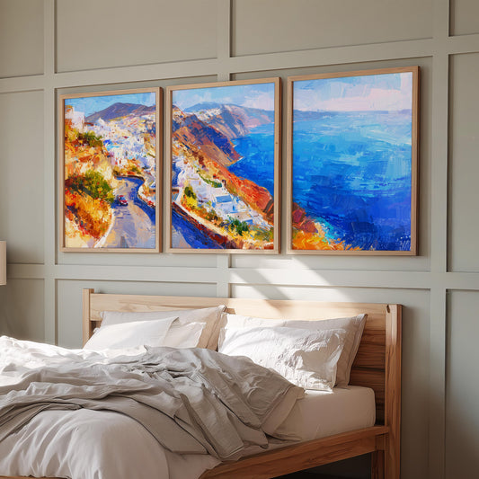 Aegean Coastline Drive · Santorini Cliffside Oil Painting Wall Art · Set of 3 Blue Sea Prints for Modern Coastal or Travel Inspired Decor