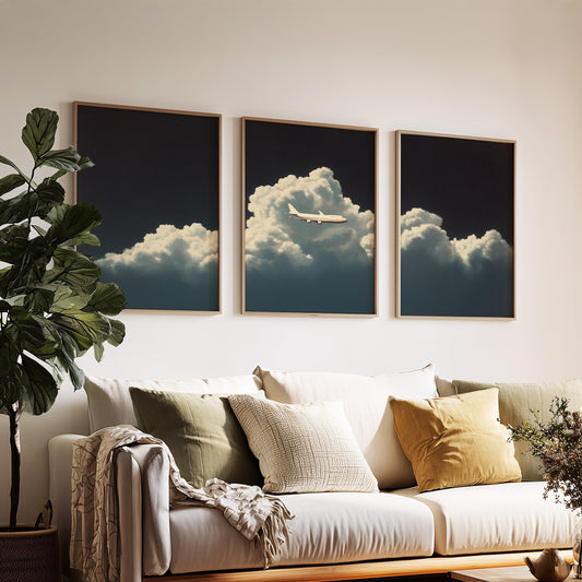 Above the Clouds · Airplane Sky Painting Wall Art · Set of 3 Minimal Cloudscape Prints for Modern Travel or Aviation Themed Decor