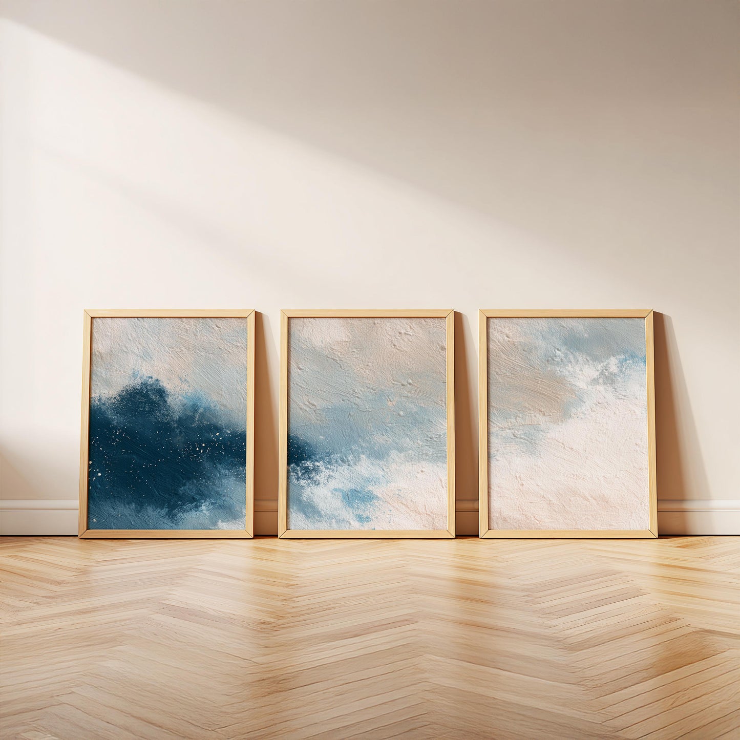 Ocean Drift · Abstract Blue Beige Texture Painting Wall Art · Set of 3 Minimal Brushstroke Prints for Modern Coastal or Japandi Decor