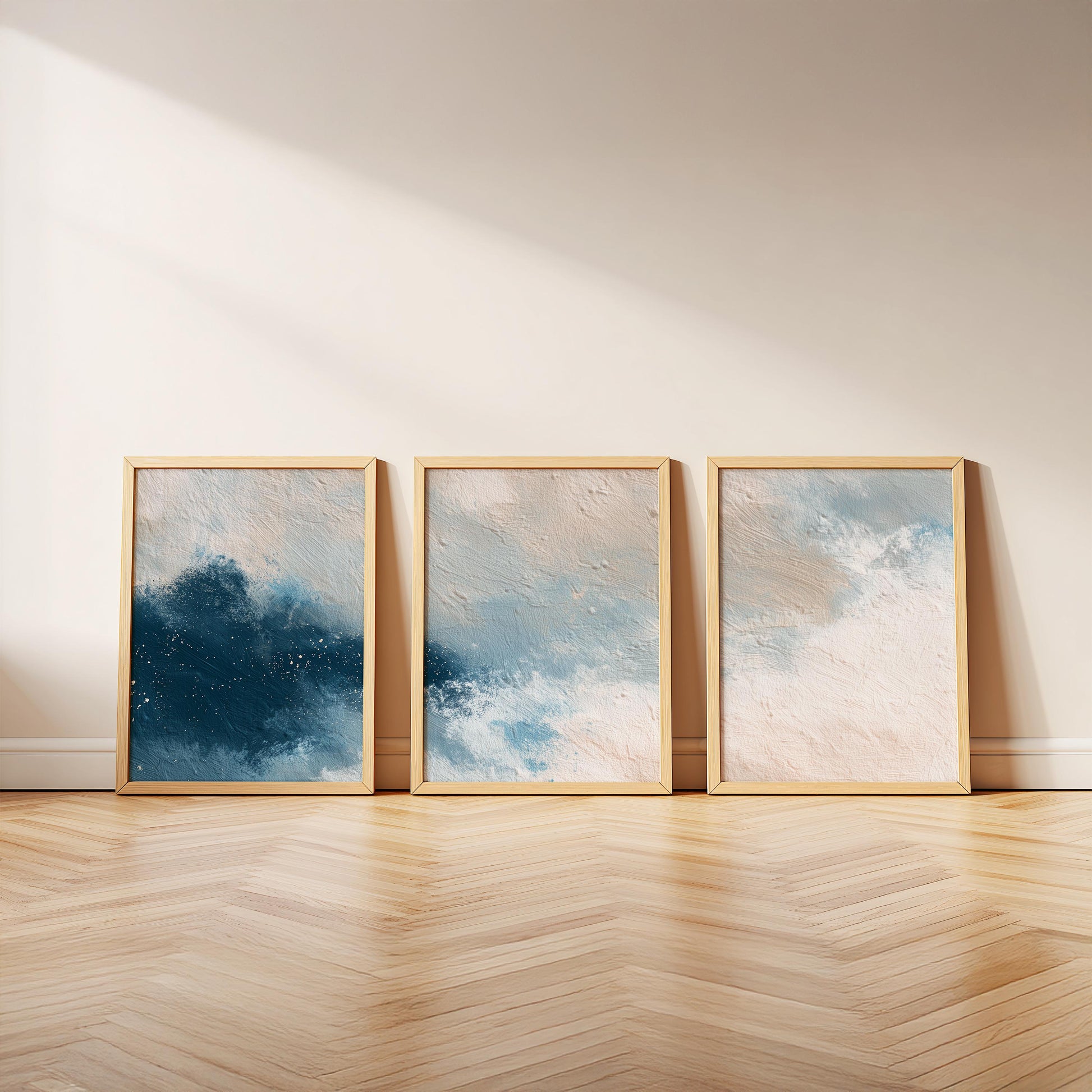 Ocean Drift · Abstract Blue Beige Texture Painting Wall Art · Set of 3 Minimal Brushstroke Prints for Modern Coastal or Japandi Decor