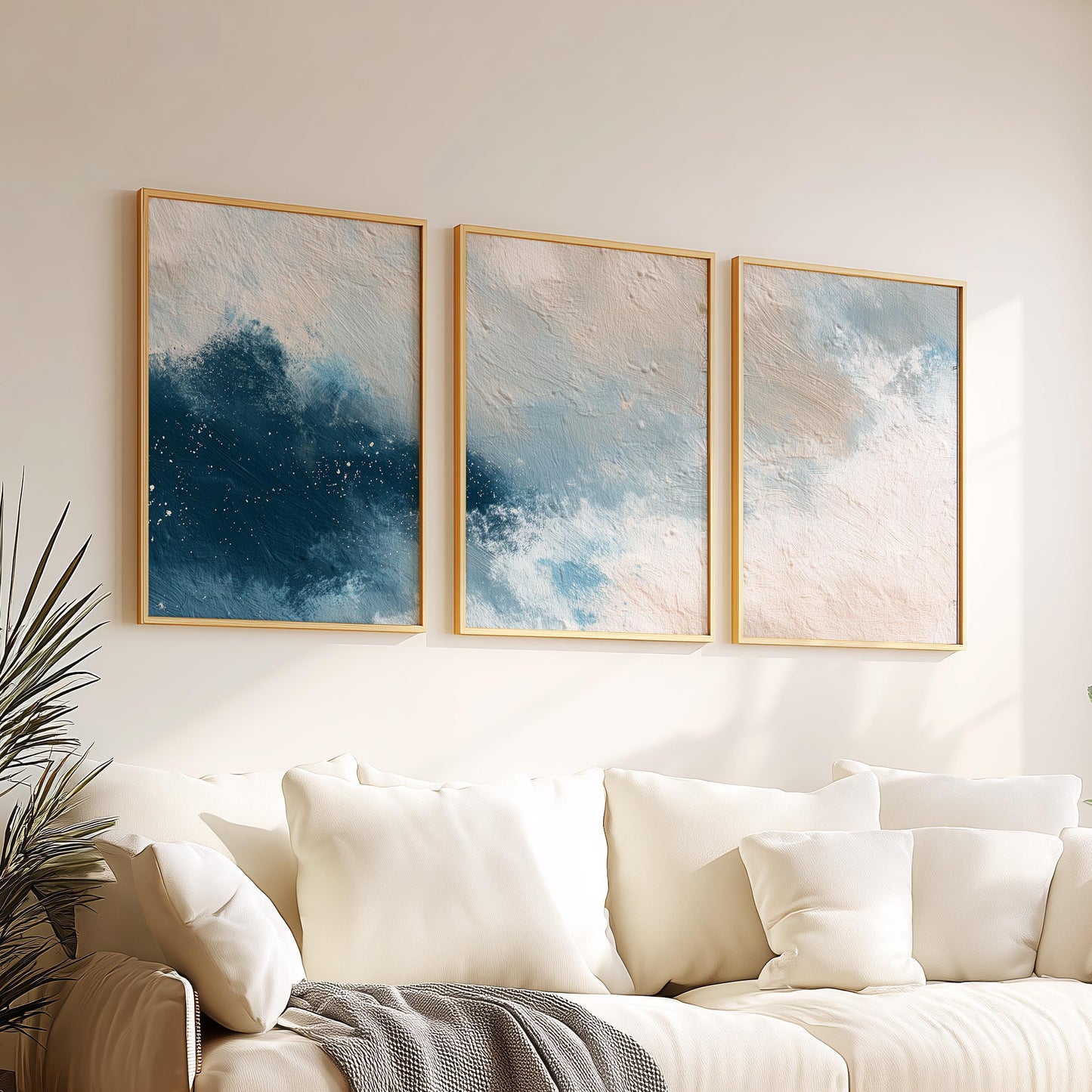 Ocean Drift · Abstract Blue Beige Texture Painting Wall Art · Set of 3 Minimal Brushstroke Prints for Modern Coastal or Japandi Decor