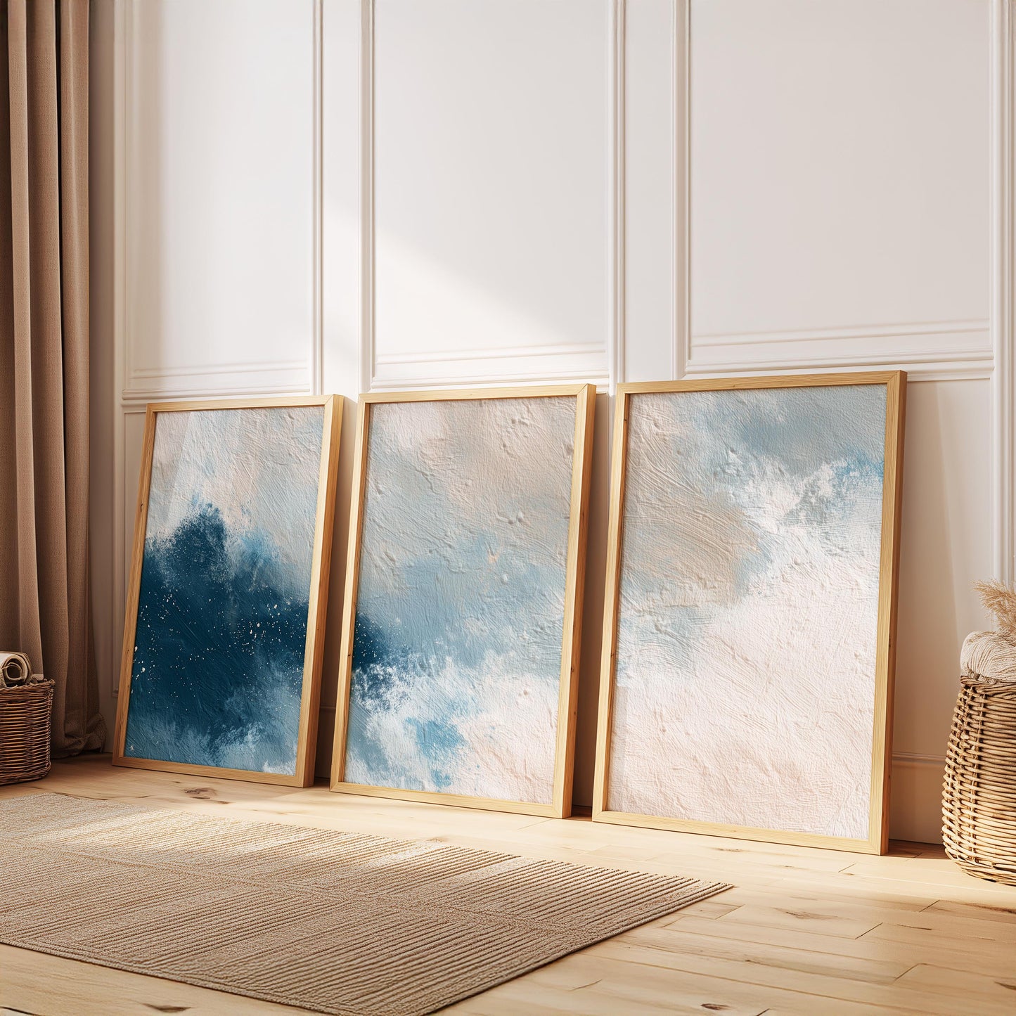 Ocean Drift · Abstract Blue Beige Texture Painting Wall Art · Set of 3 Minimal Brushstroke Prints for Modern Coastal or Japandi Decor