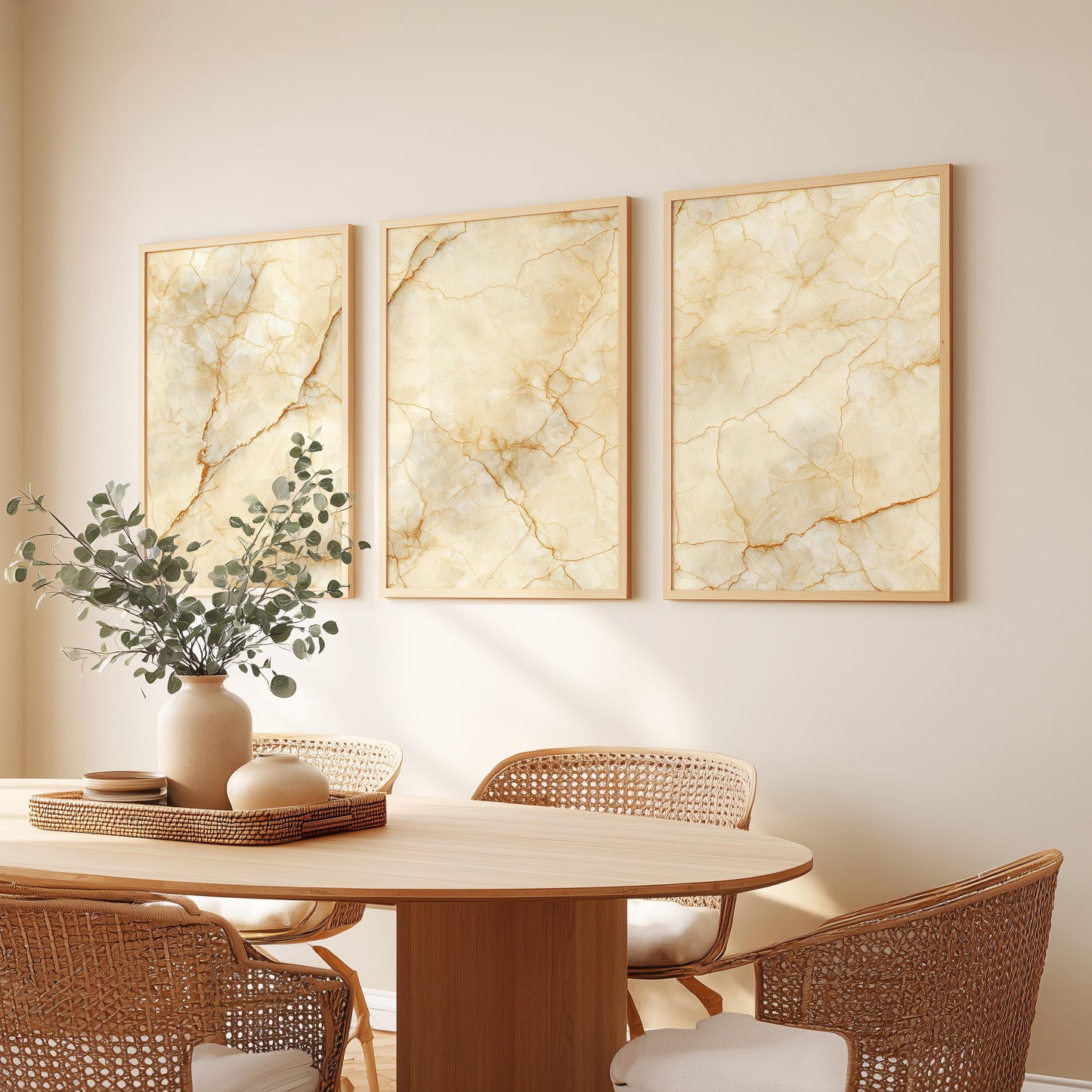 Celestial Drift · Beige and Gold Cloud Painting Wall Art · Set of 3 Dreamy Starry Sky Prints for Japandi or Minimalist Bedroom Decor