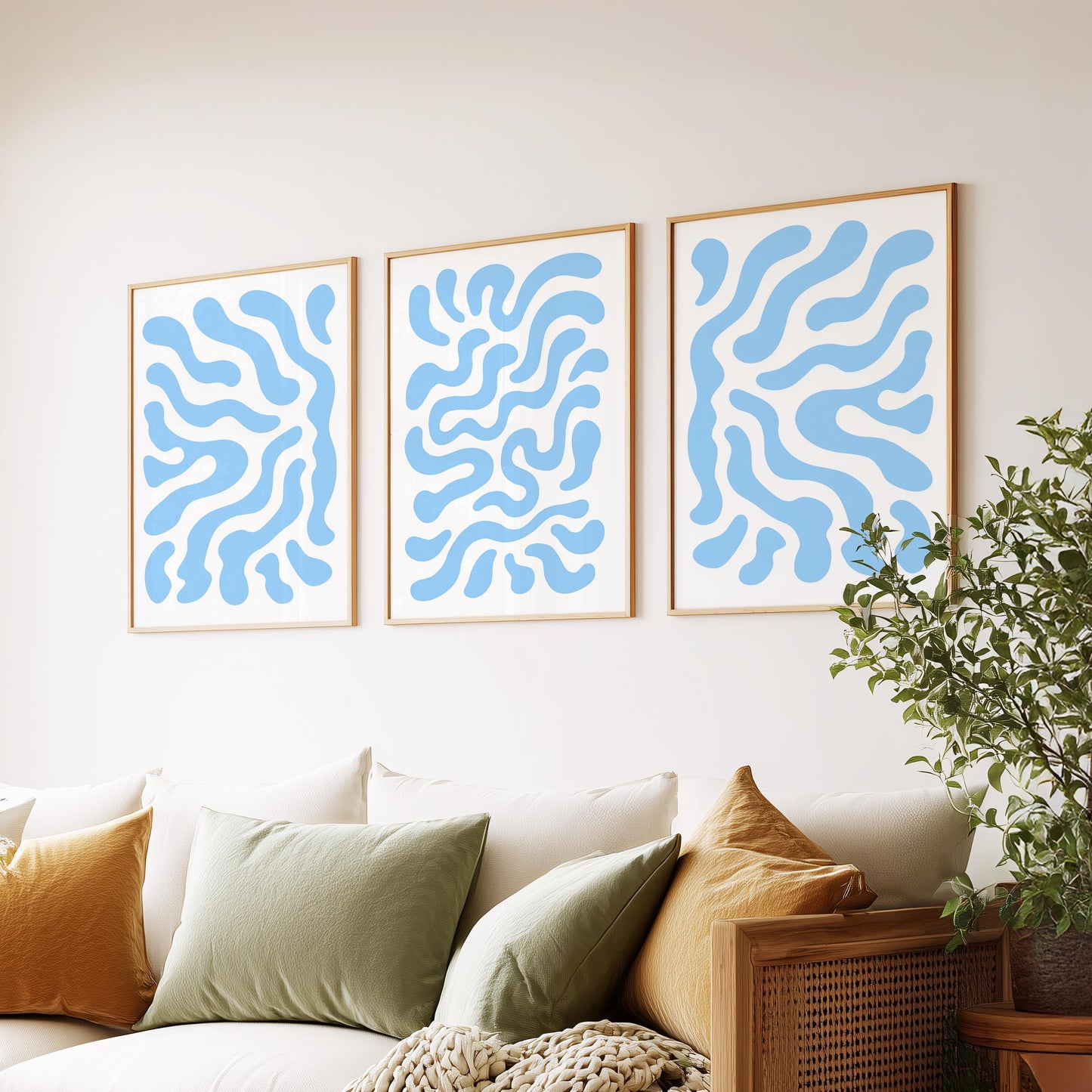 Soft Flow · Blue Minimal Abstract Pattern Wall Art · Set of 3 Fluid Organic Prints for Japandi, Scandi, or Modern Neutral Interiors