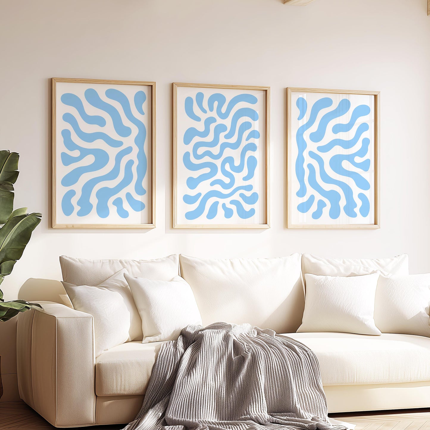 Soft Flow · Blue Minimal Abstract Pattern Wall Art · Set of 3 Fluid Organic Prints for Japandi, Scandi, or Modern Neutral Interiors