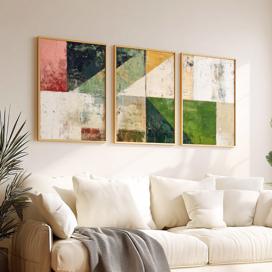 Abstract Green Geometric Wall Art · Earthy Pink Mustard Neutral Triptych · Modern Textured Prints · Framed Print Set · Set of 3 Prints