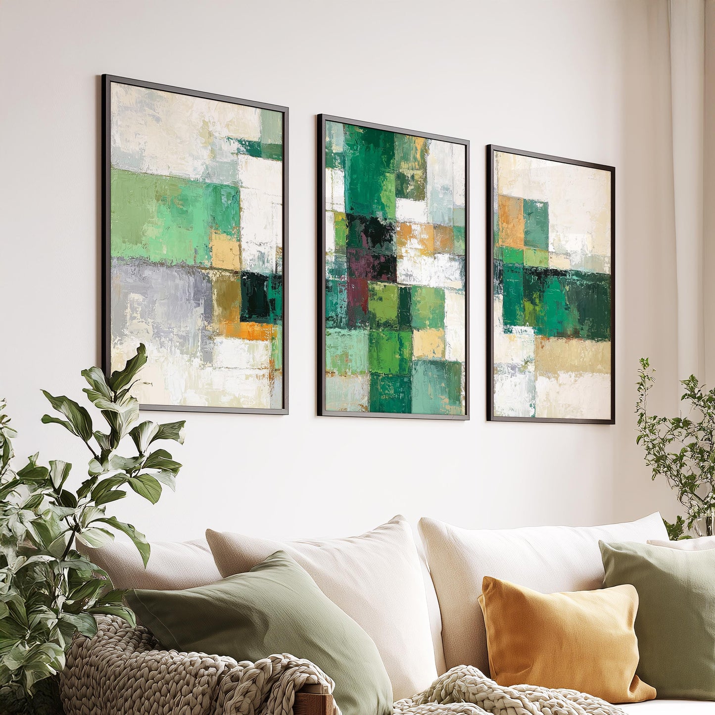 Set of 3 Green Abstract Prints · Geometric Wall Art for Living Room · Modern Neutral Sage & Beige Poster Set · Prints or Framed Prints
