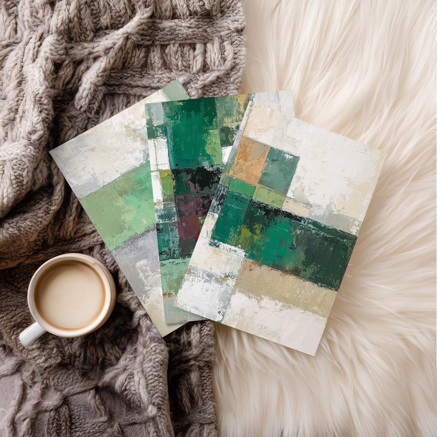 Set of 3 Green Abstract Prints · Geometric Wall Art for Living Room · Modern Neutral Sage & Beige Poster Set · Prints or Framed Prints