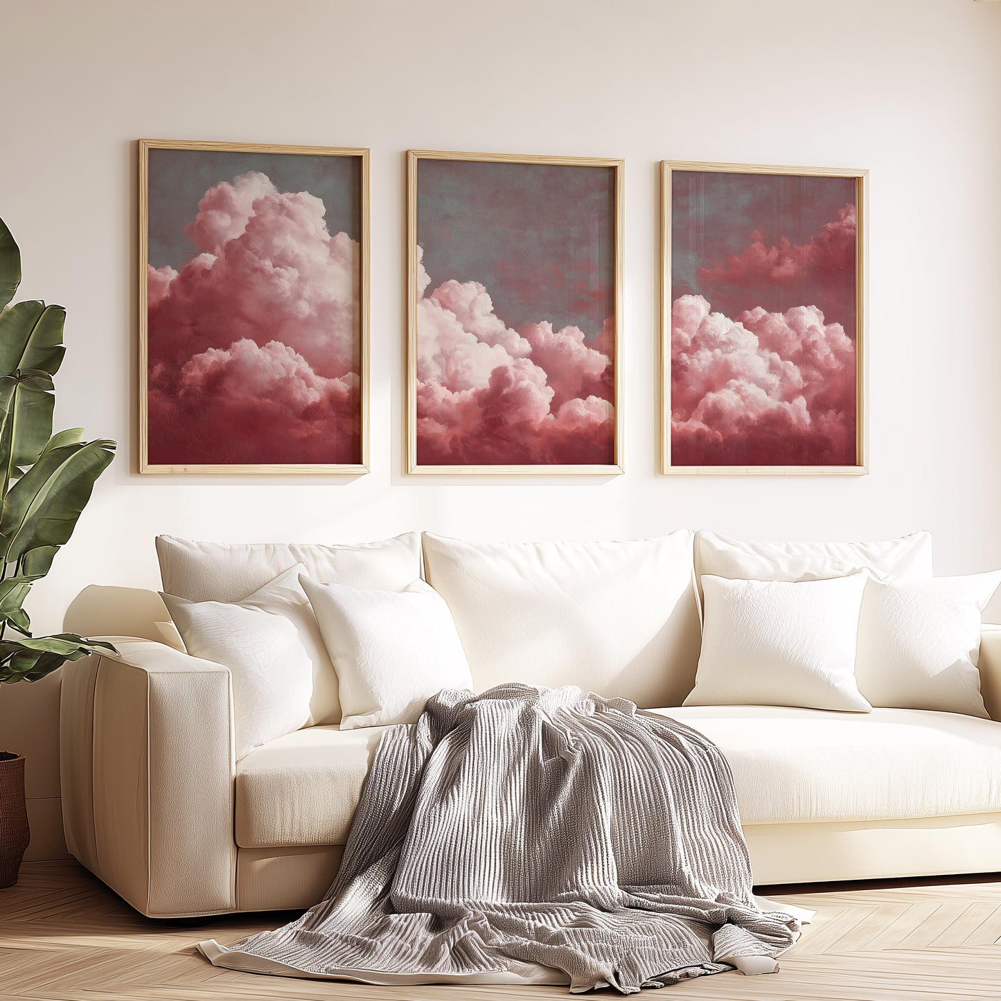 Set of 3 Prints · Red Cloud Wall Art · Pastel Sky Triptych for Bedroom & Nursery · Minimalist Poster Set · Prints or Framed Prints