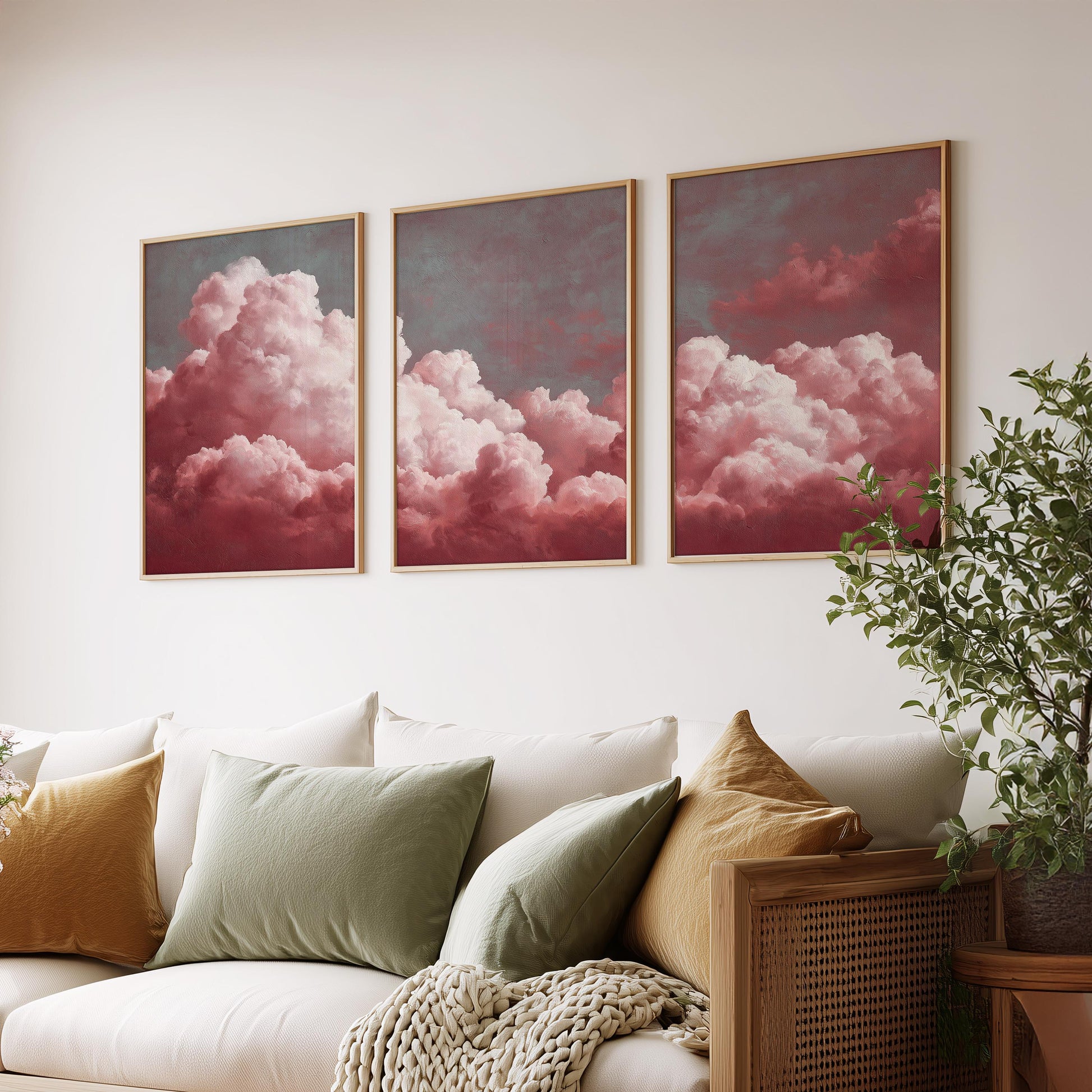 Set of 3 Prints · Red Cloud Wall Art · Pastel Sky Triptych for Bedroom & Nursery · Minimalist Poster Set · Prints or Framed Prints