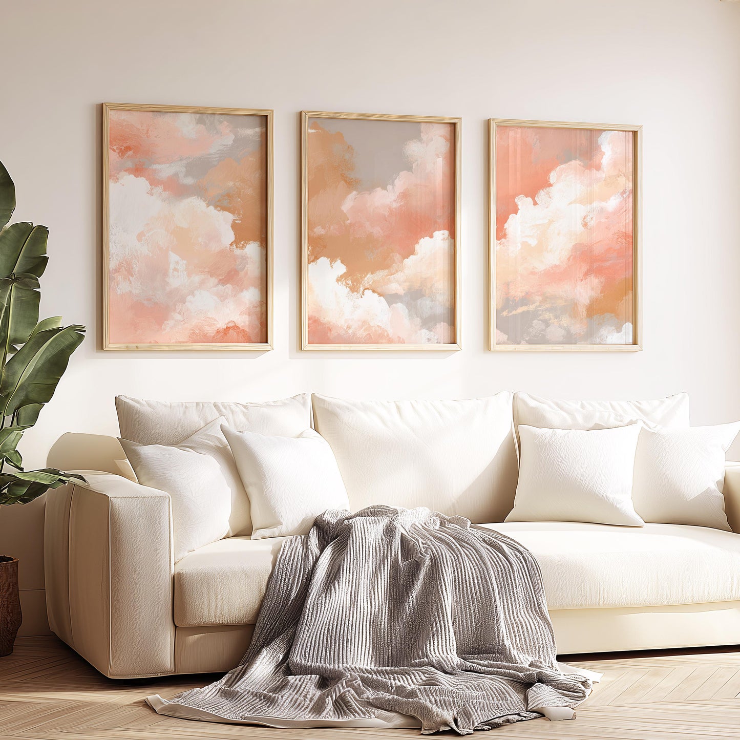 Set of 3 Prints · Peach Cloud Abstract Painting · Soft Neutral Boho Sky Wall Art · Poster & Framed Prints for Living Room Bedroom Decor