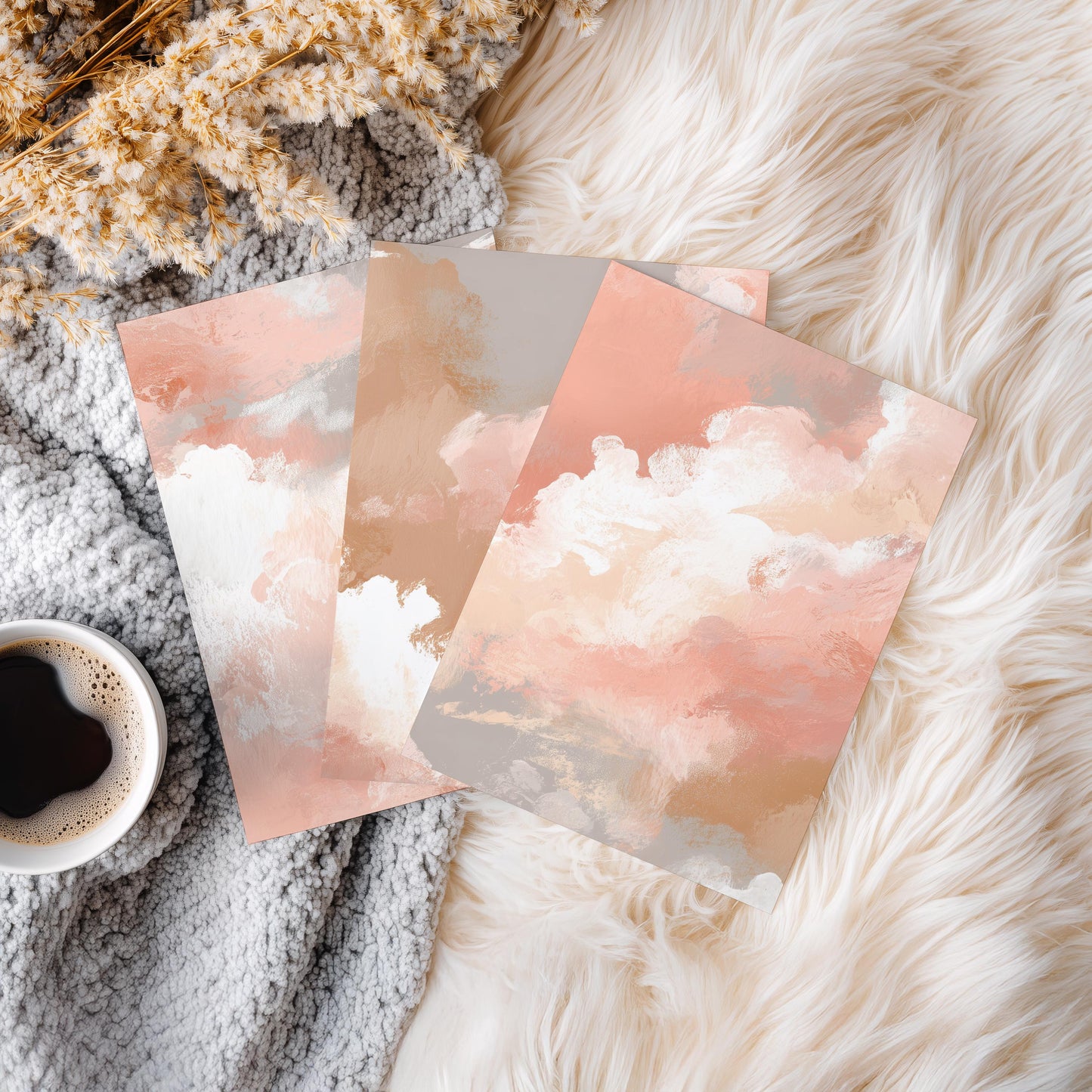 Set of 3 Prints · Peach Cloud Abstract Painting · Soft Neutral Boho Sky Wall Art · Poster & Framed Prints for Living Room Bedroom Decor