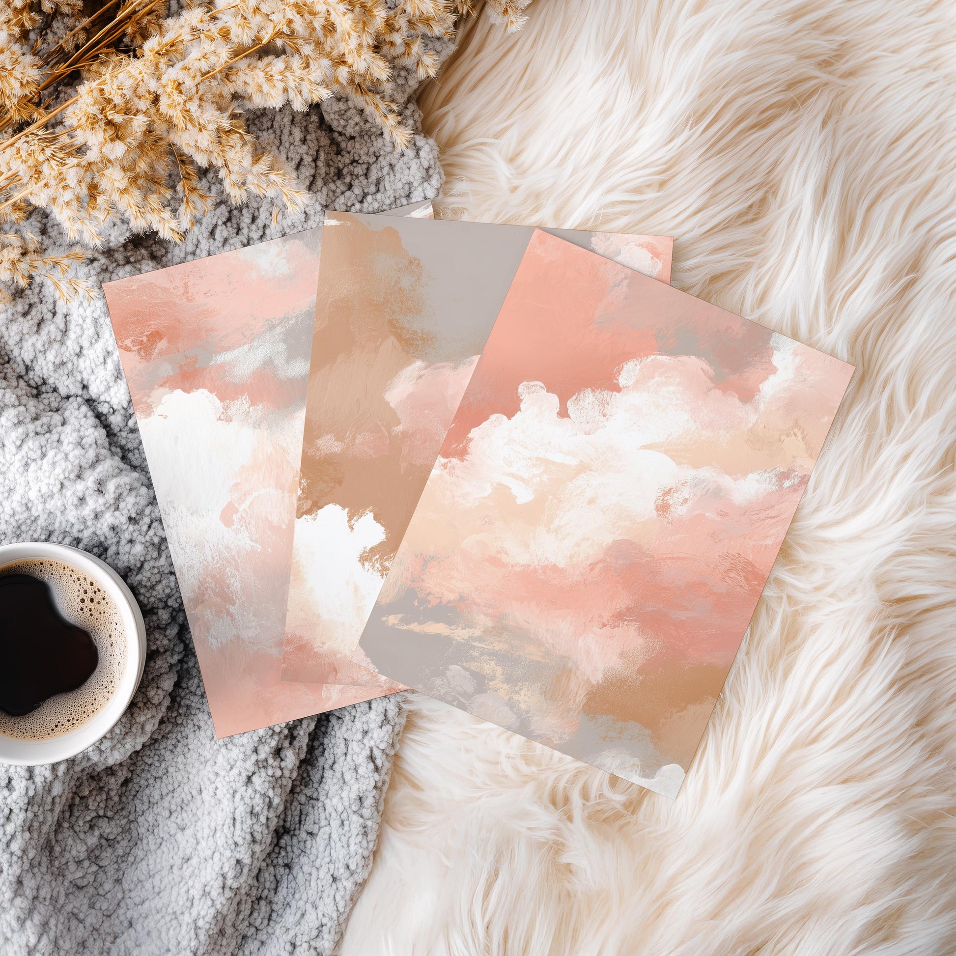 Set of 3 Prints · Peach Cloud Abstract Painting · Soft Neutral Boho Sky Wall Art · Poster & Framed Prints for Living Room Bedroom Decor