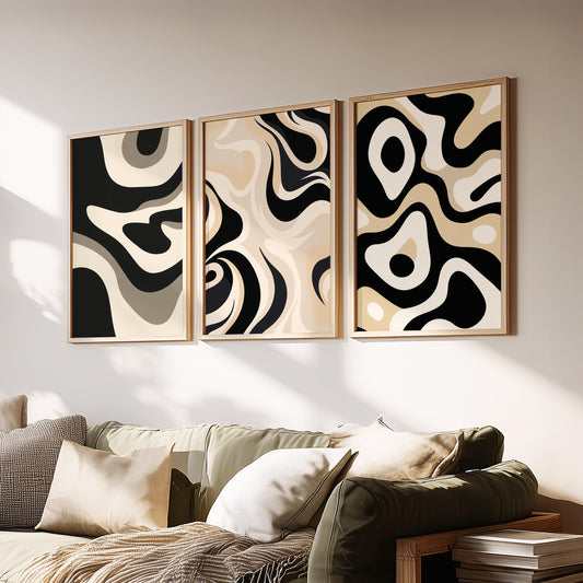 Abstract Triptych Wall Art Set of 3 | Black Beige Neutral Prints | Modern Minimalist Boho Wall Decor | 3 Panel Art Gift