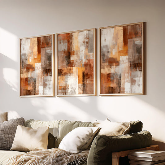 Abstract Triptych Wall Art Set of 3, Rust Terracotta Neutral Canvas Prints, Modern Minimalist Wall Decor, 3 Panel Art