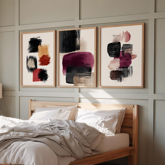 Abstract Wall Art Set of 3, Black Beige Burgundy Prints, Modern Minimalist Triptych, 3 Panel Wall Decor, Contemporary Art