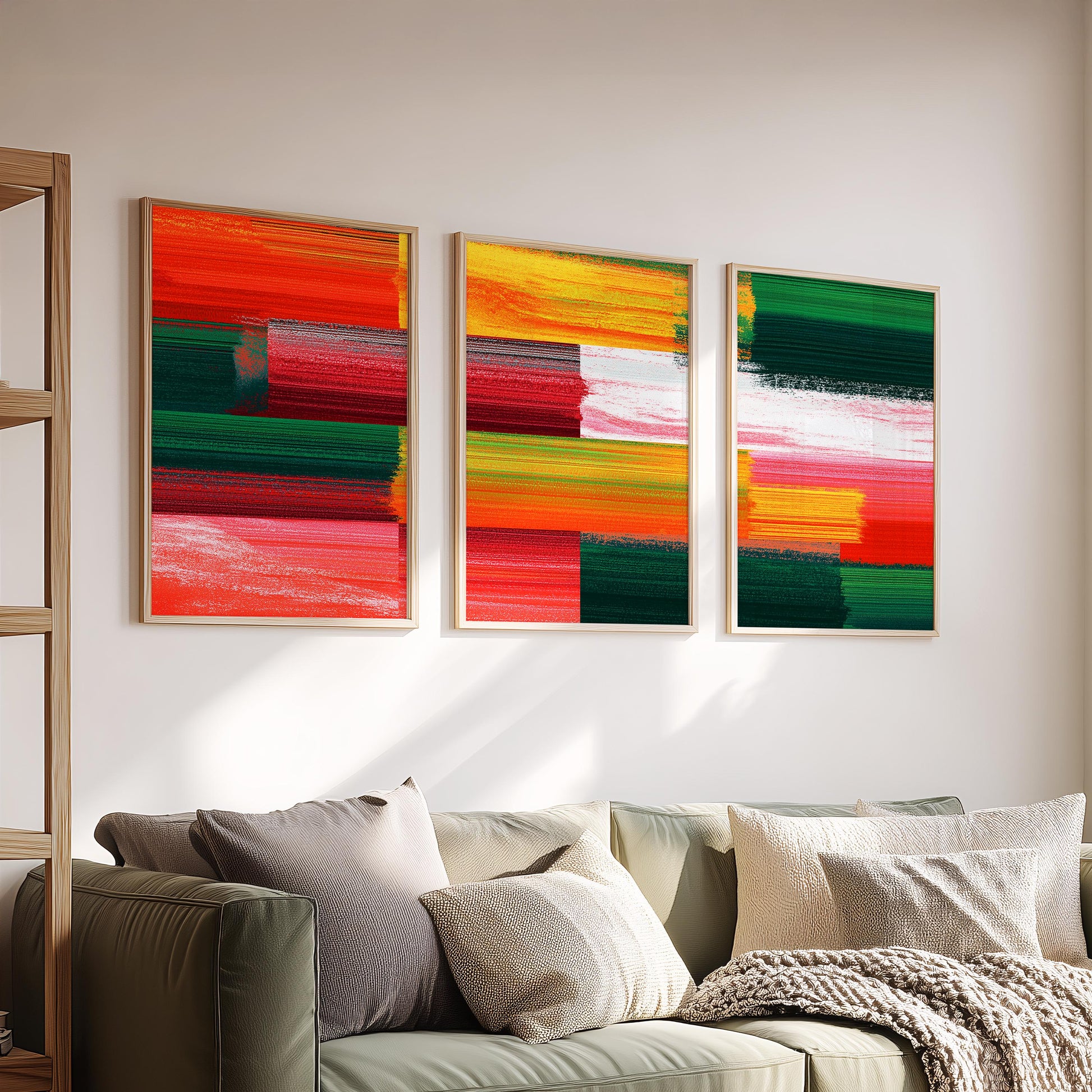 Colorful Abstract Triptych Wall Art Set of 3, Red Green Yellow Prints, Modern Statement Wall Decor, 3 Panel Artwork