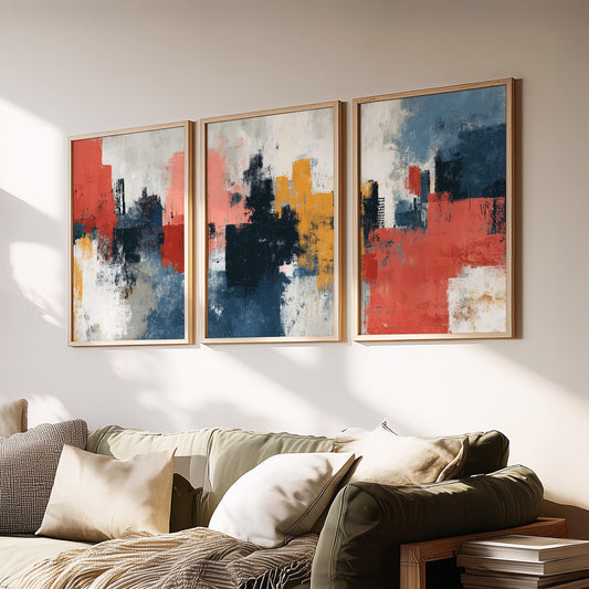 Abstract Wall Art Set of 3 | Navy Rust Yellow Textured Prints | Modern Triptych Color Block Art | Large Wall Decor