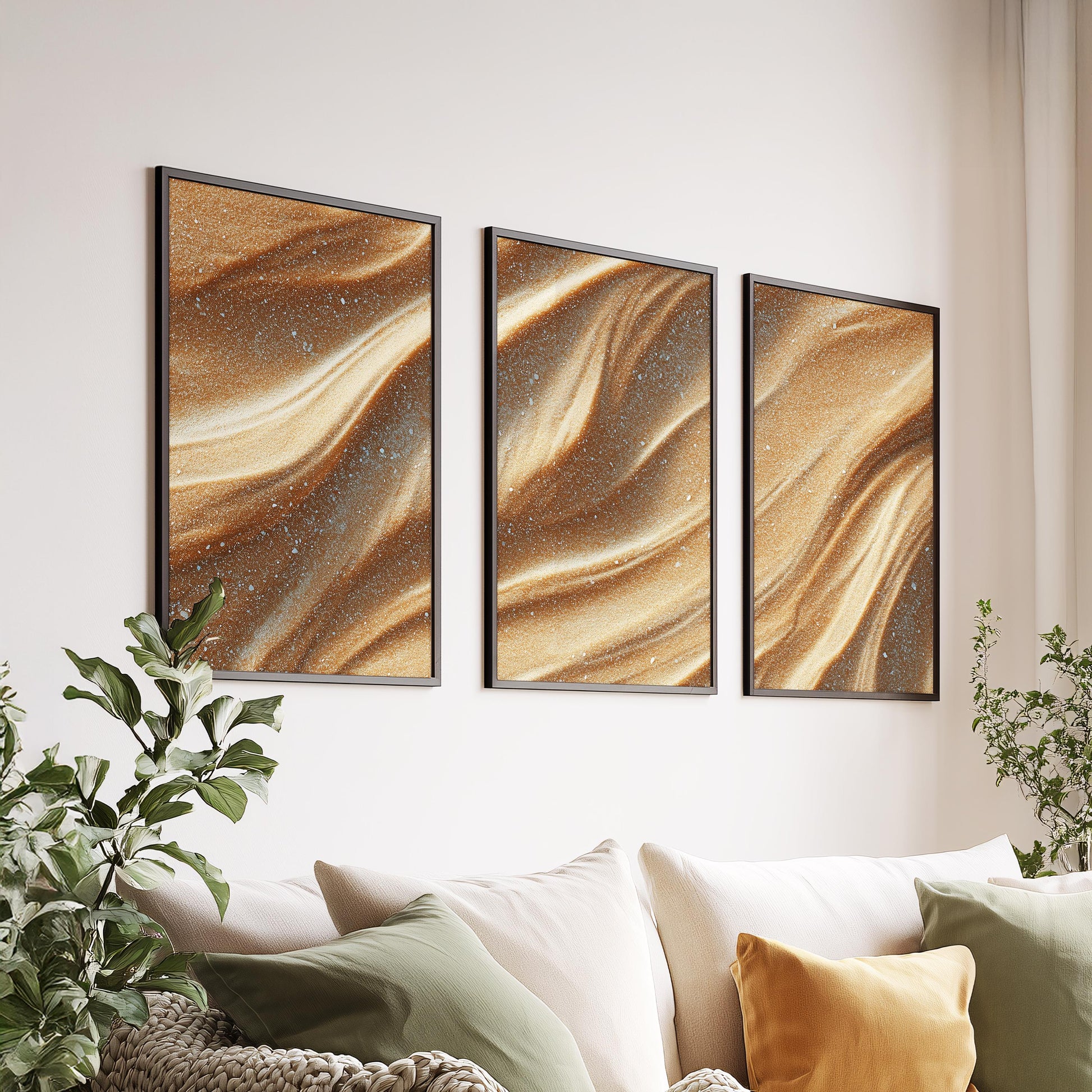 Gold Sand Triptych Wall Art Set of 3 | Neutral Wave Texture Prints | Luxury Minimal Wall Decor | Modern Coastal 3 Panel Art
