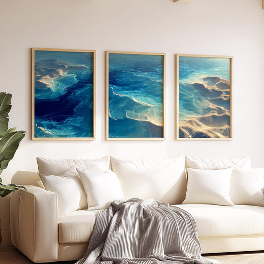 Aerial Ocean Triptych Wall Art Set of 3 | Turquoise Sea Sandbar Prints | Coastal Modern Wall Decor | Large 3 Panel Art