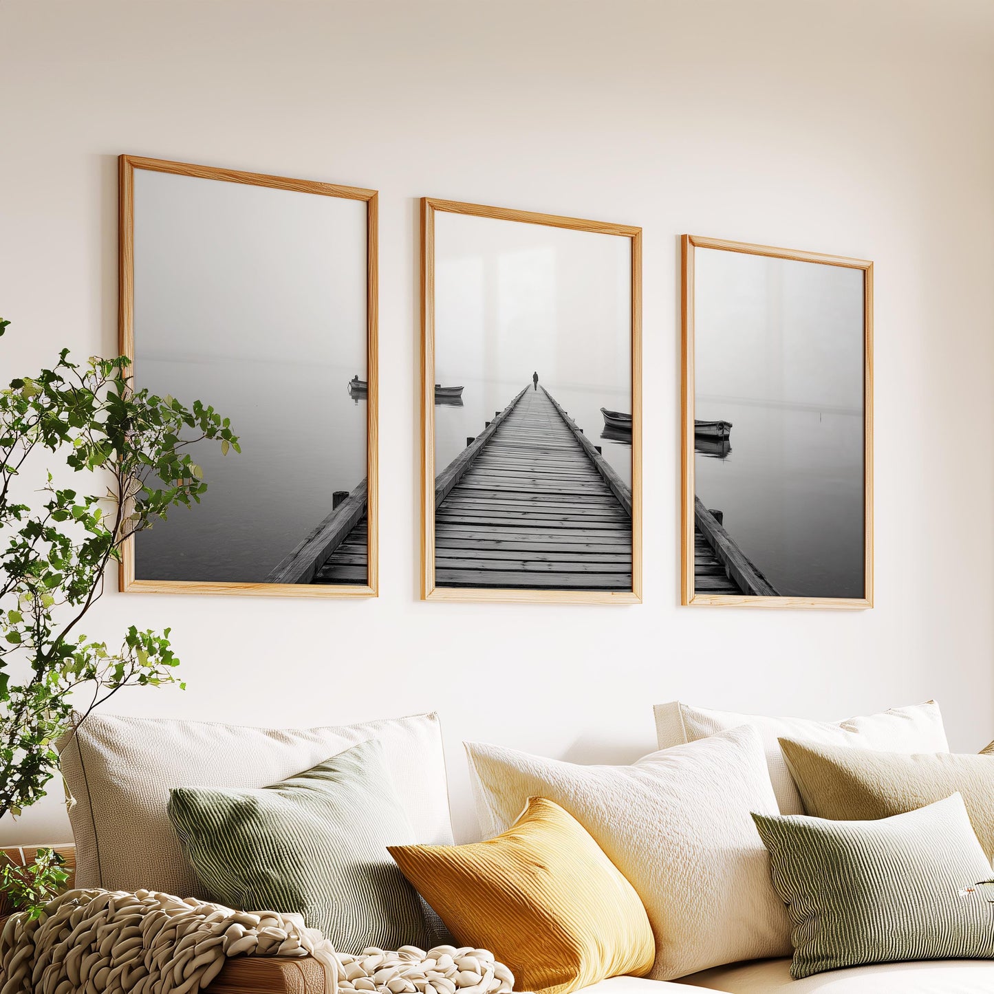 Foggy Lake Pier Wall Art Set of 3, Minimal Black White Landscape Photography Prints, Calm Water Canvas Decor
