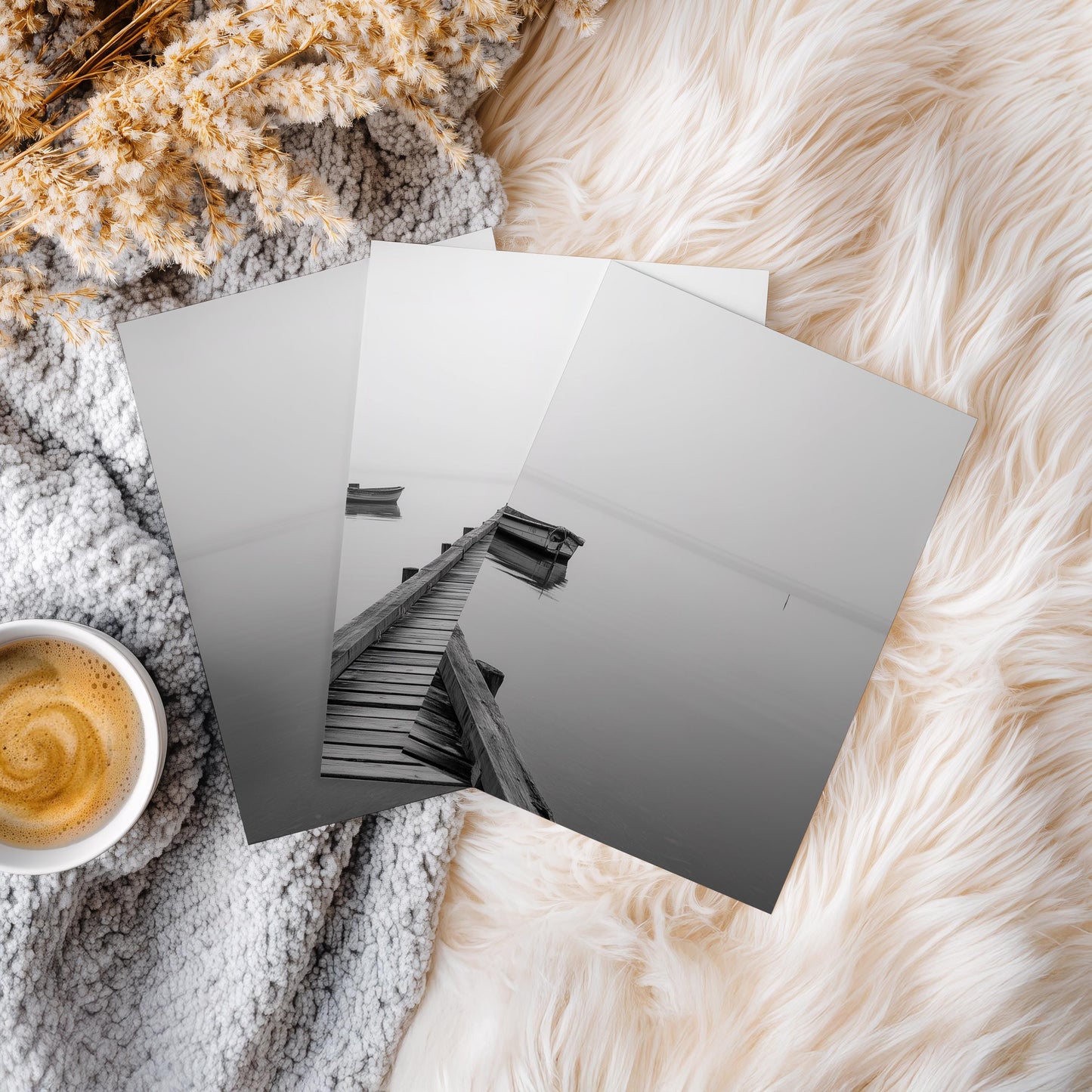 Foggy Lake Pier Wall Art Set of 3, Minimal Black White Landscape Photography Prints, Calm Water Canvas Decor