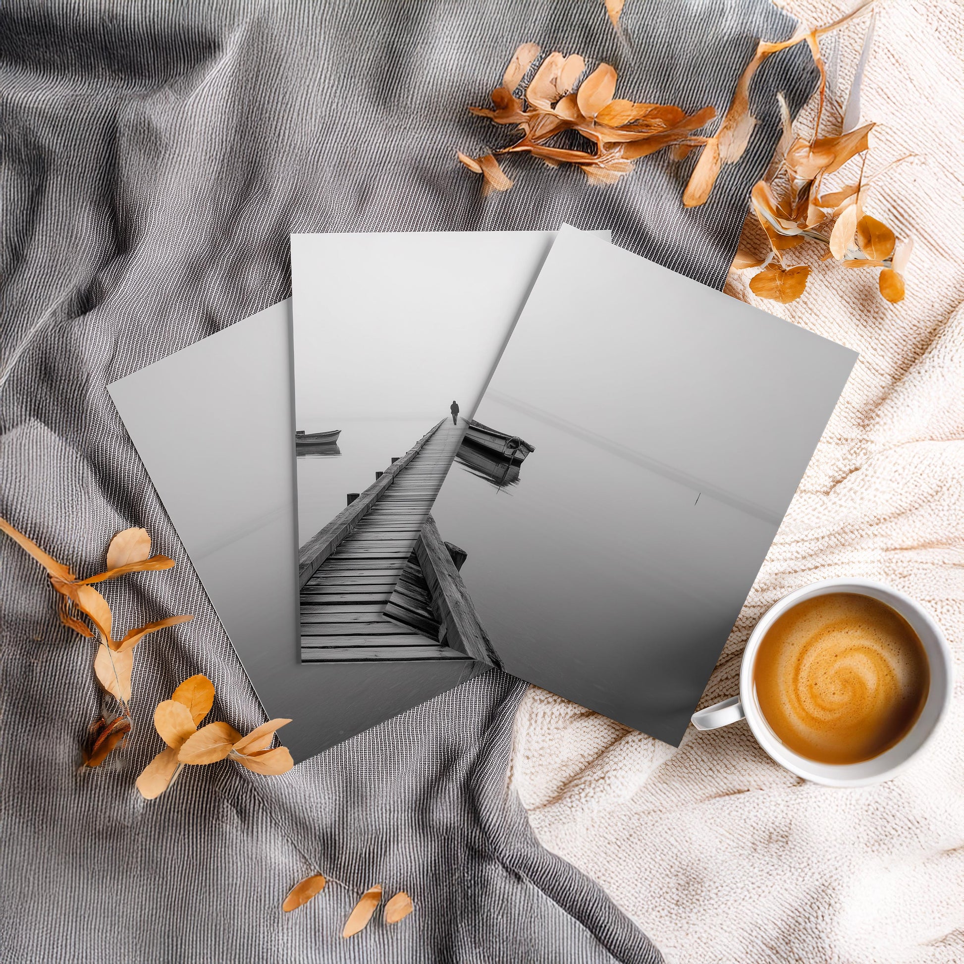 Foggy Lake Pier Wall Art Set of 3, Minimal Black White Landscape Photography Prints, Calm Water Canvas Decor