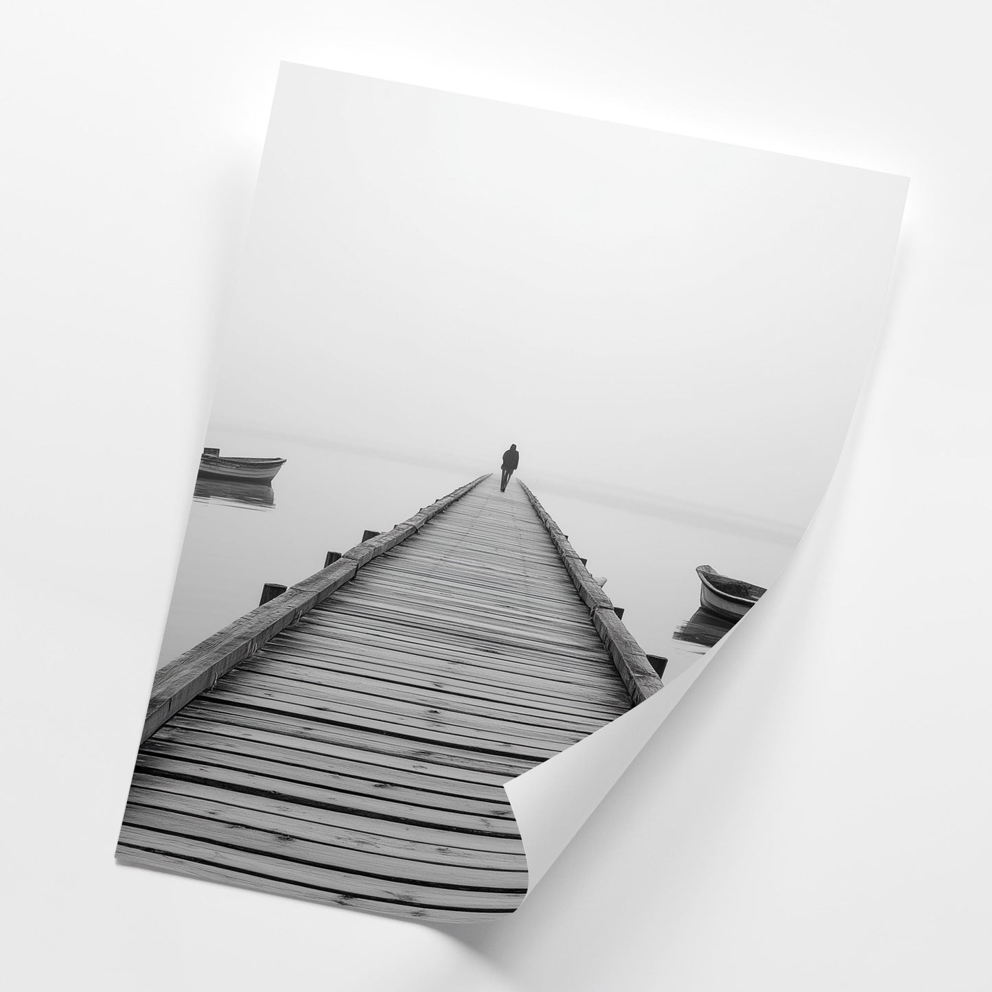 Foggy Lake Pier Wall Art Set of 3, Minimal Black White Landscape Photography Prints, Calm Water Canvas Decor